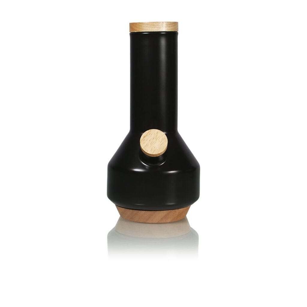 Centered front view of the Ryot Ceramic Maple Traveller Pipe in black with wood accents, shown against a white background and reflected below.