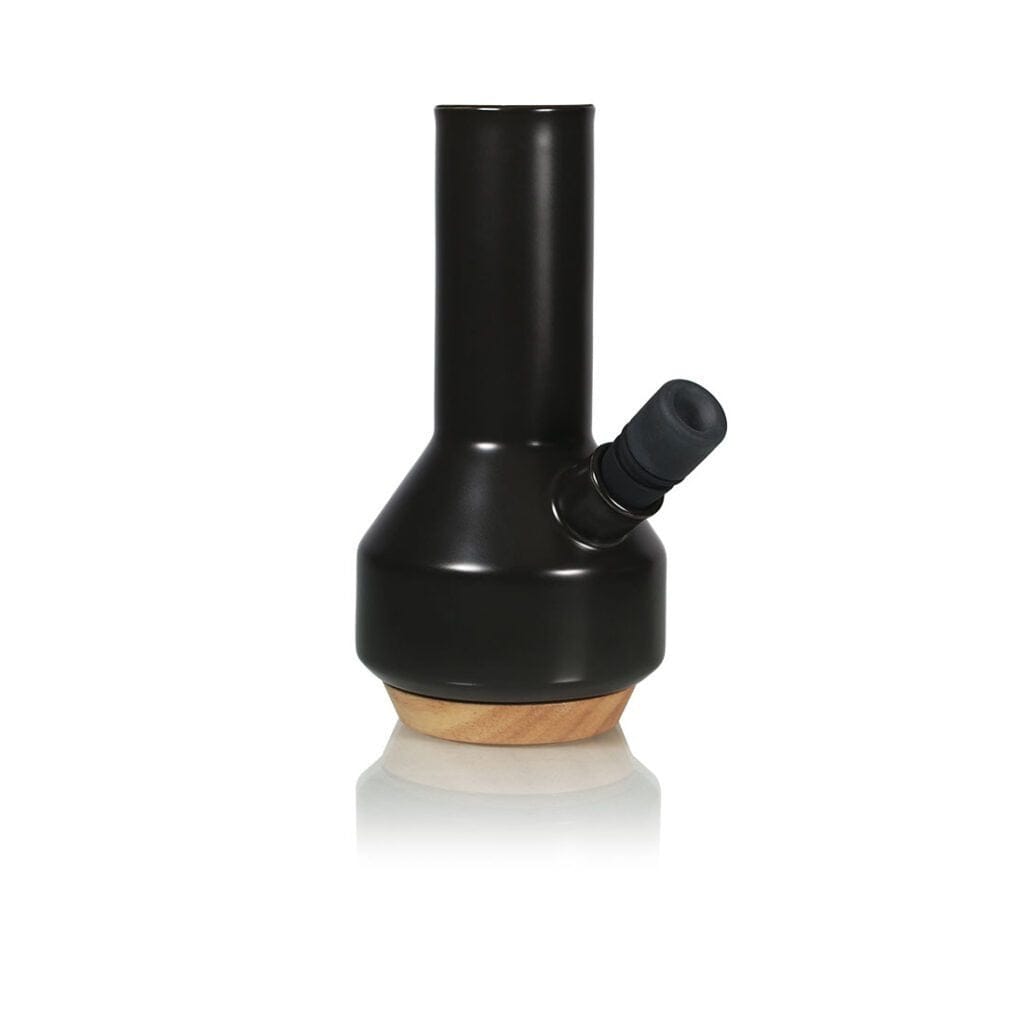 Centered front view of the Ryot Ceramic Maple Traveller Pipe in matte black with a tilted mouthpiece and visible maple wood base.