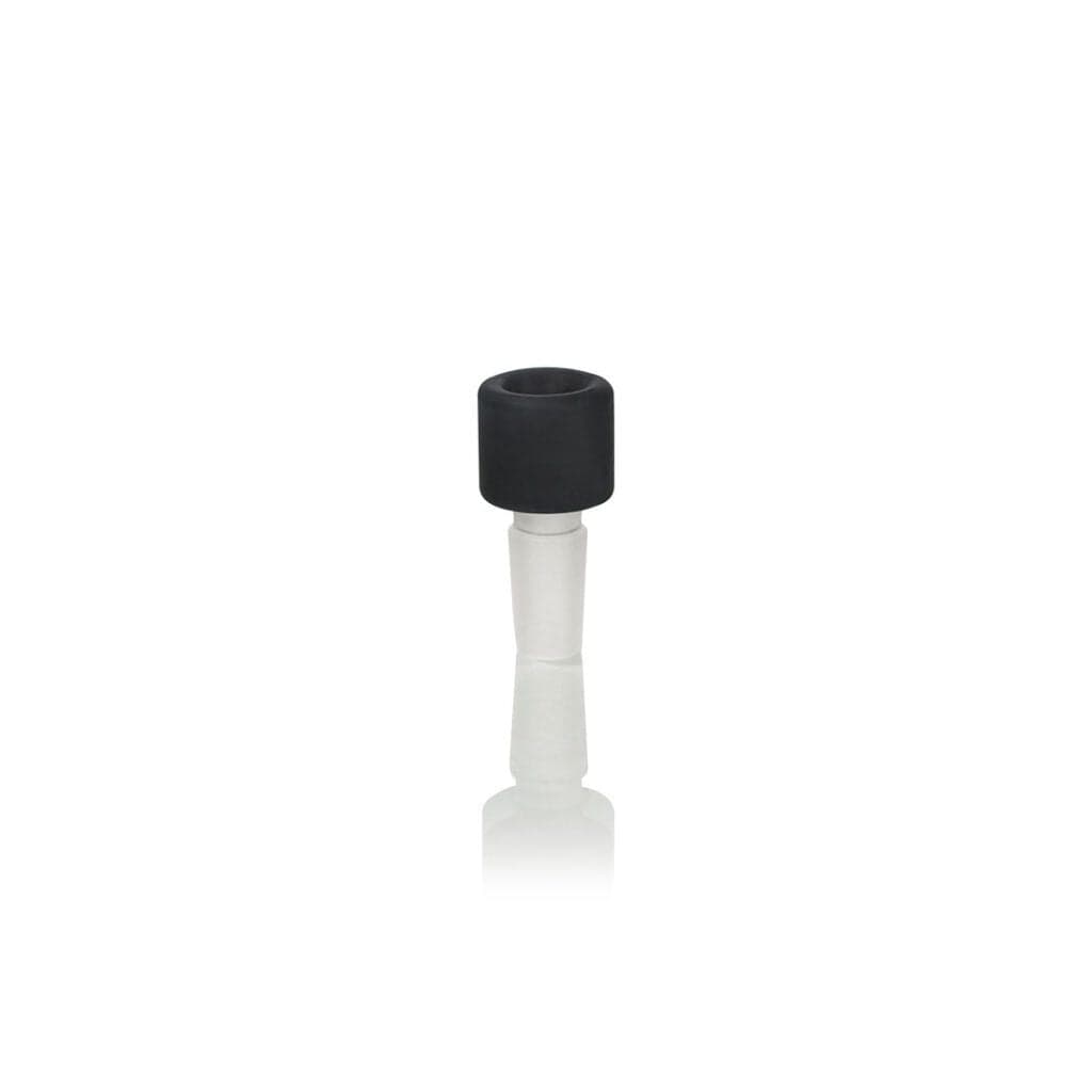 Centered front view of the Ryot Ceramic Maple Traveller Pipe showing its black cylindrical ceramic bowl atop a frosted glass stem with a faint reflection beneath