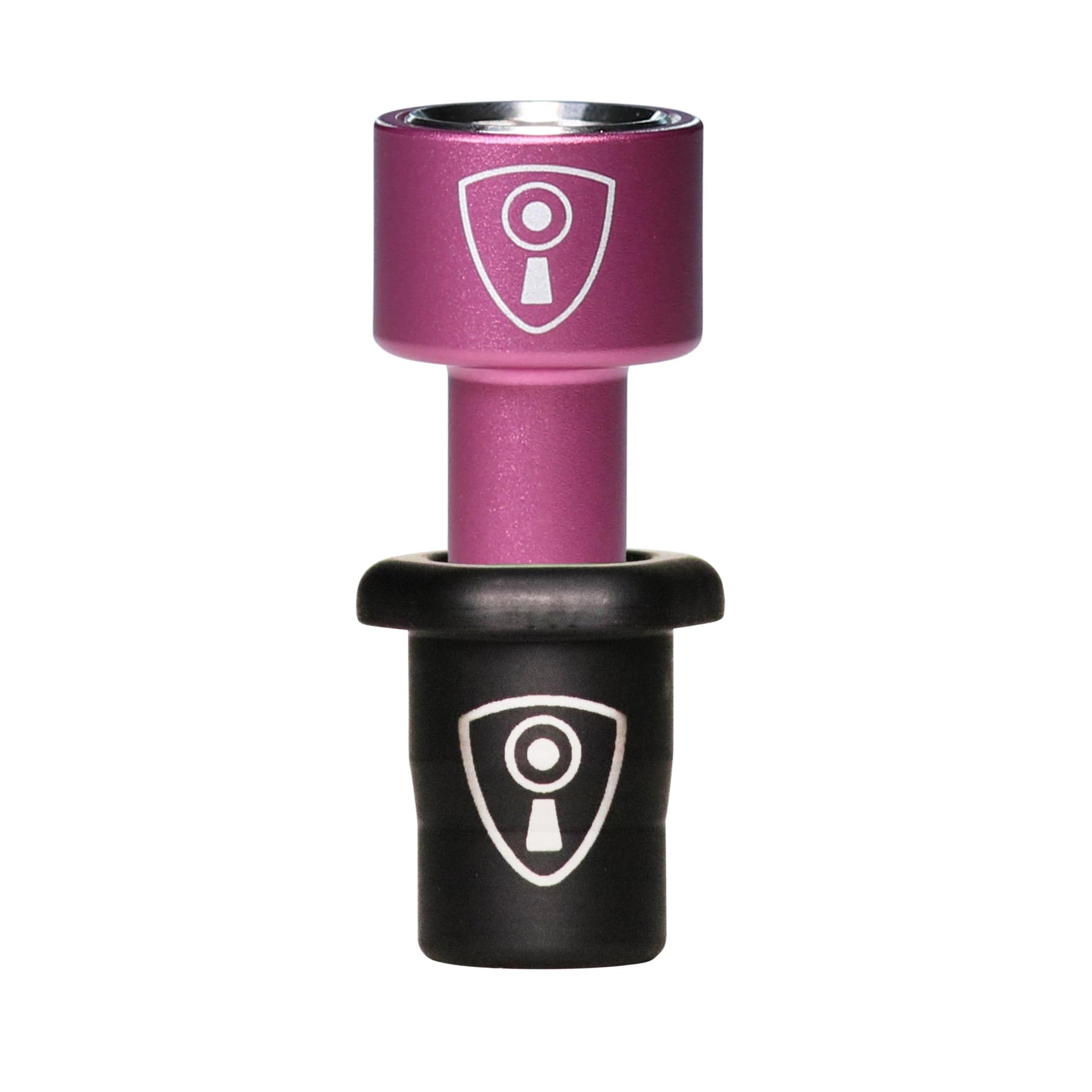 Close-up front view of the pink Adaptabowl top section with a white shield logo against a white background.