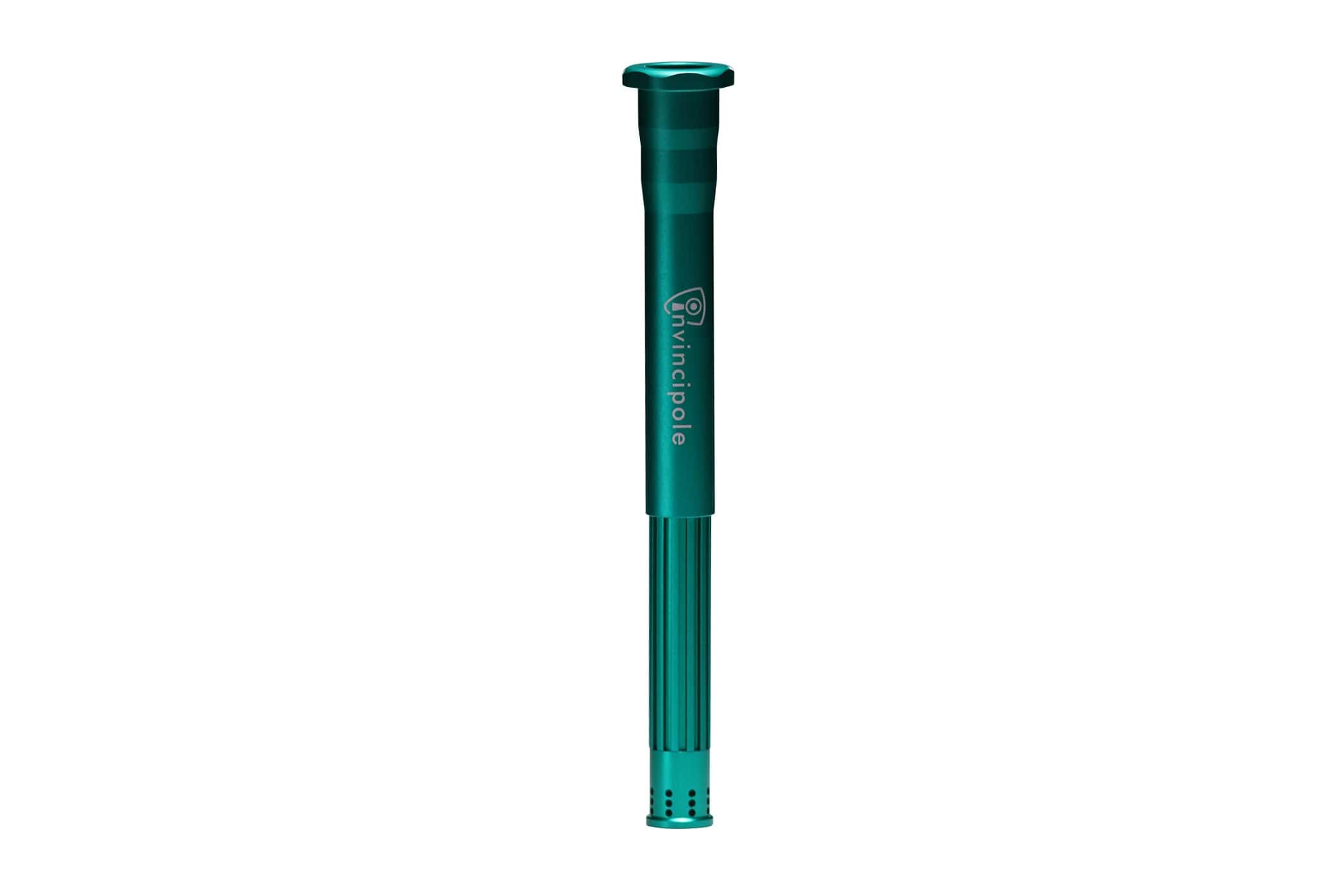 Centered vertical close-up of the teal Invincipole Infinity shaft showing its fluted lower section and hexagonal top against a white background