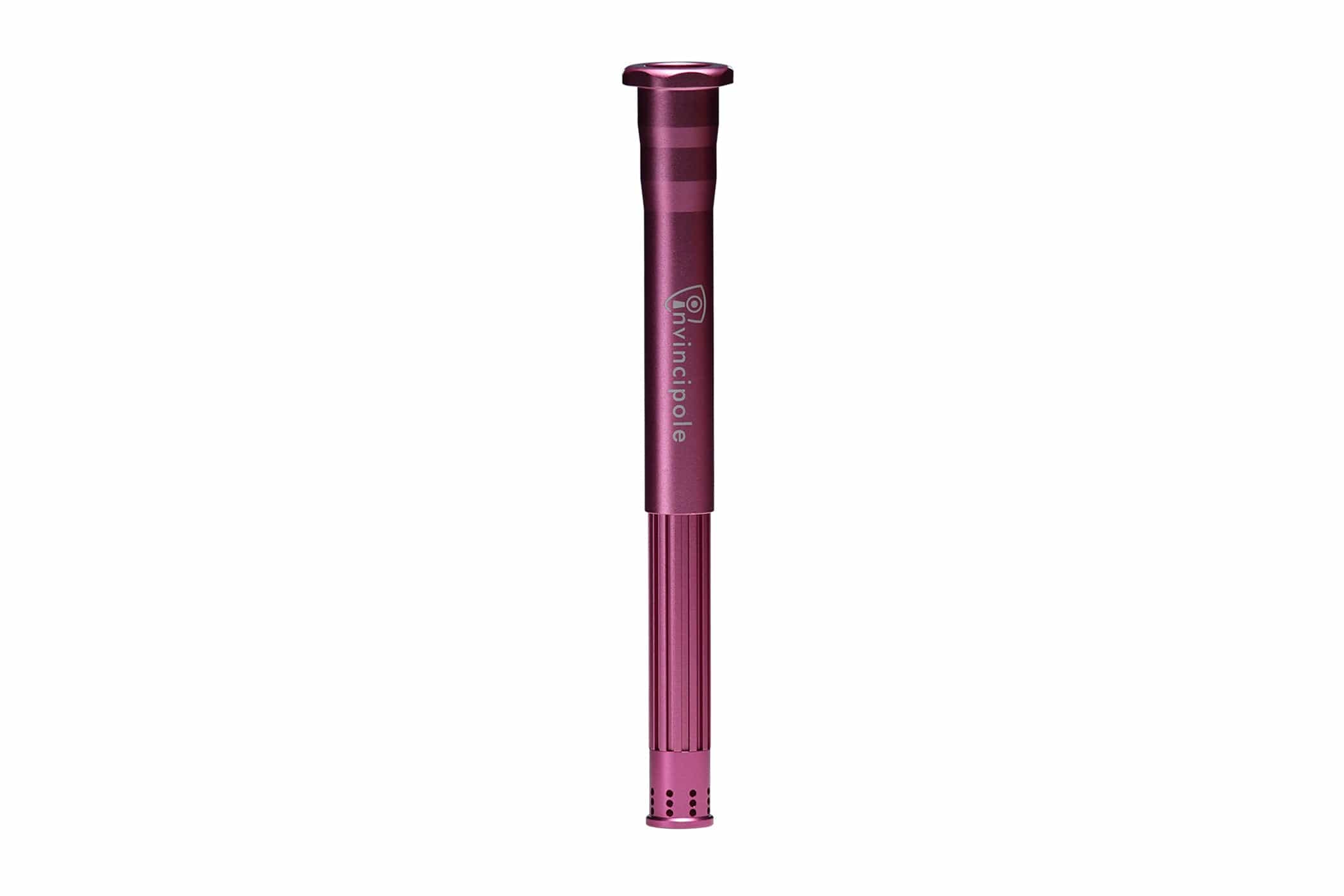 Center-frontal view of the metallic blue Invincipole Infinity pole section showing a fluted shaft, top flange, and perforated lower end against a white background.