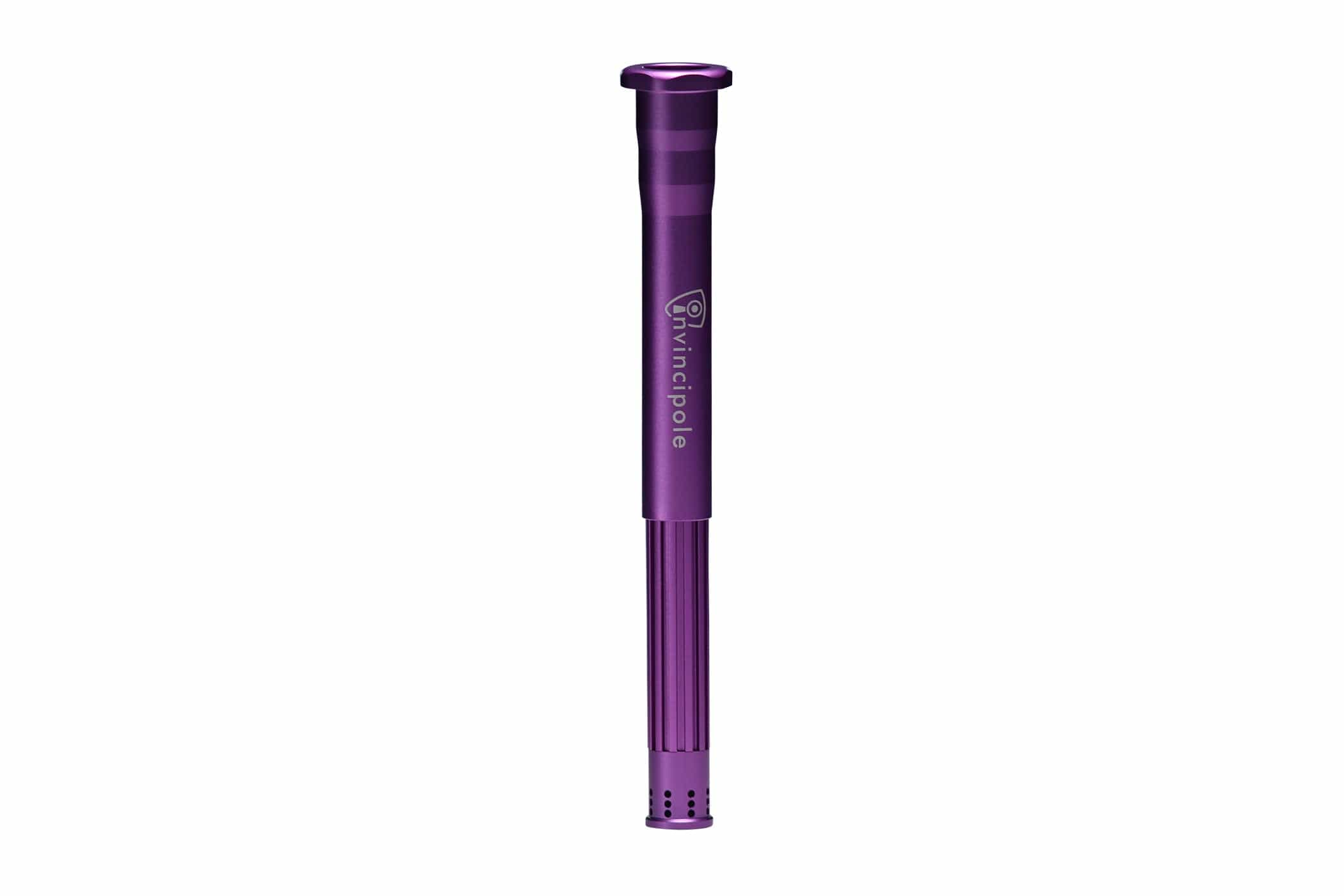 Centered vertical close-up of the purple Invincipole Infinity shaft showing its fluted lower section and smooth upper tube against a white background