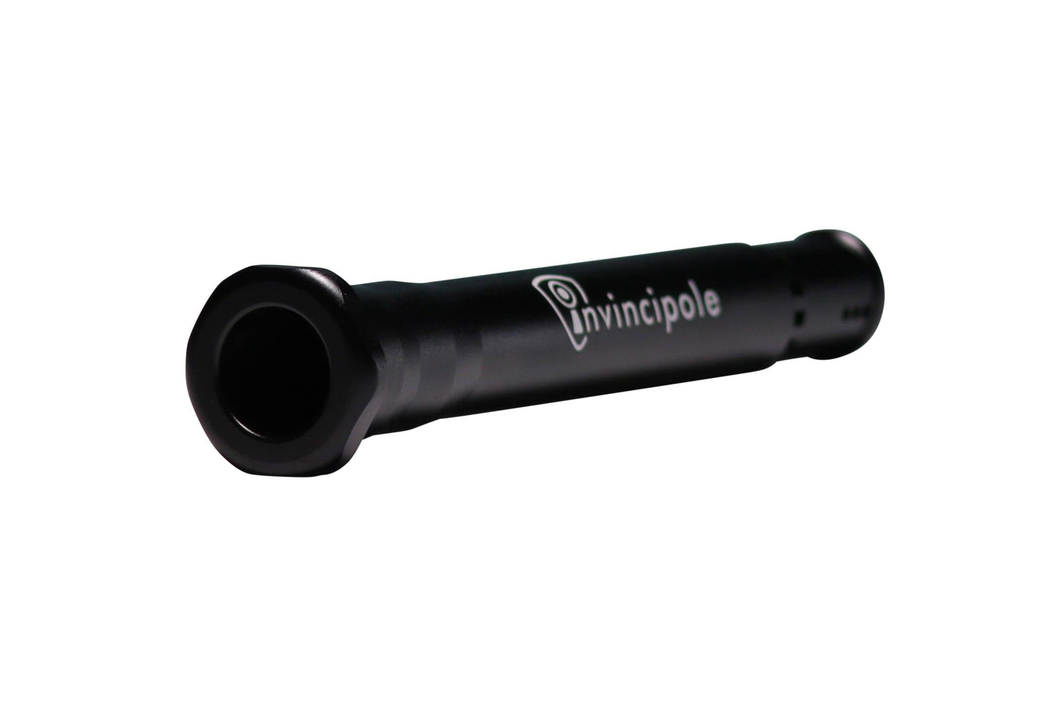 Angled close-up of the black Invincipole Infinity tube with logo visible against a white background.