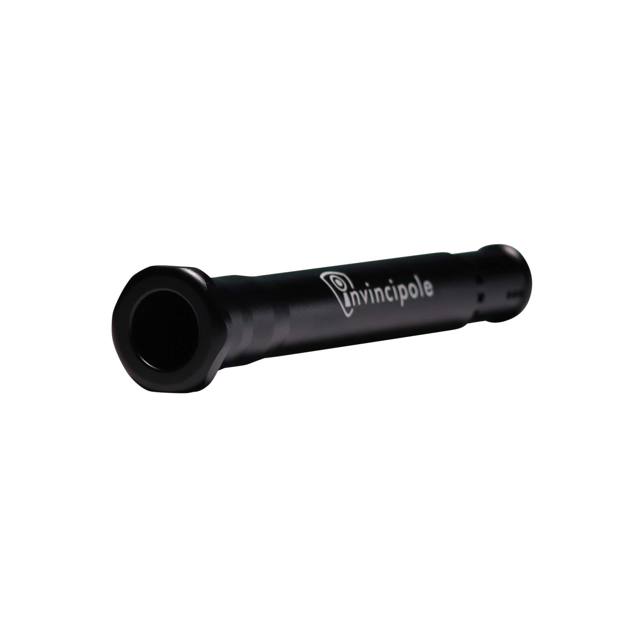 Angled close-up of the black Invincipole Infinity showing its cylindrical body and white logo against a white background.