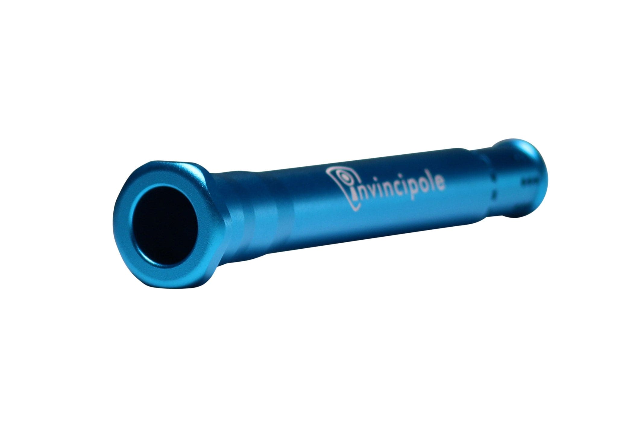 Angled close-up of a metallic blue Invincipole Infinity tube showing its hollow flared end and engraved logo.