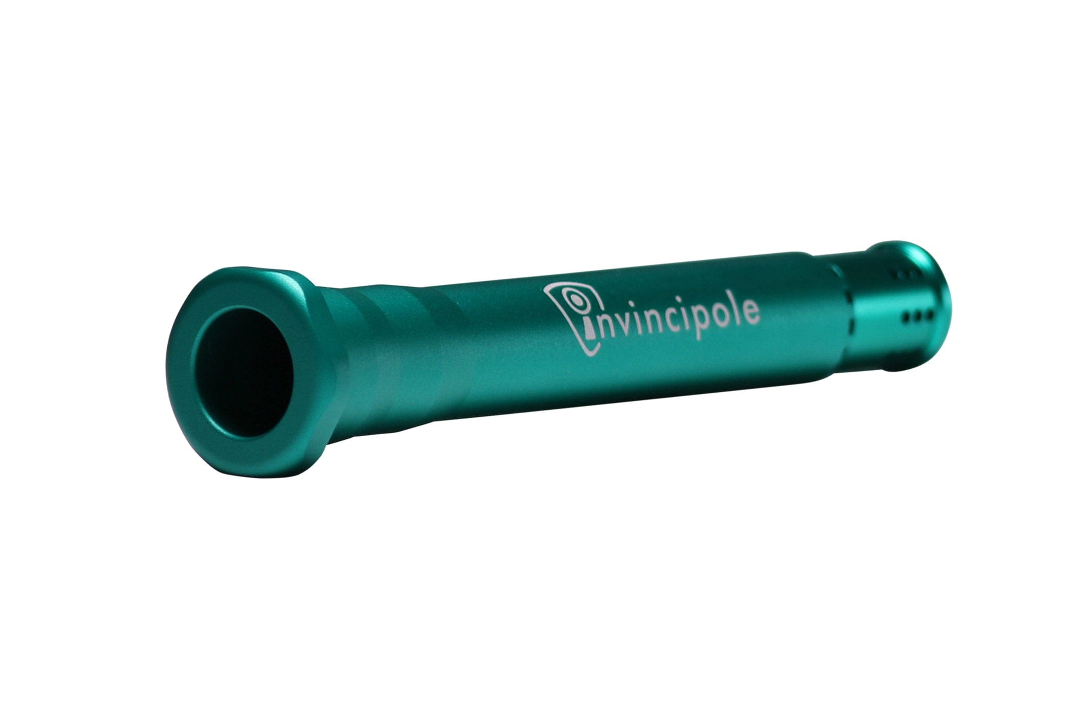 Angled close-up of the teal Invincipole Infinity tube showing its flared mouth, engraved logo, and matte metallic finish.