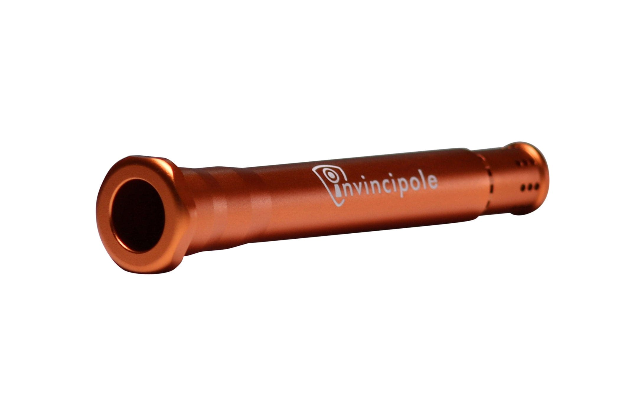 Angled close-up of an orange metallic Invincipole Infinity tube showing its hollow flared end and logo along the shaft.