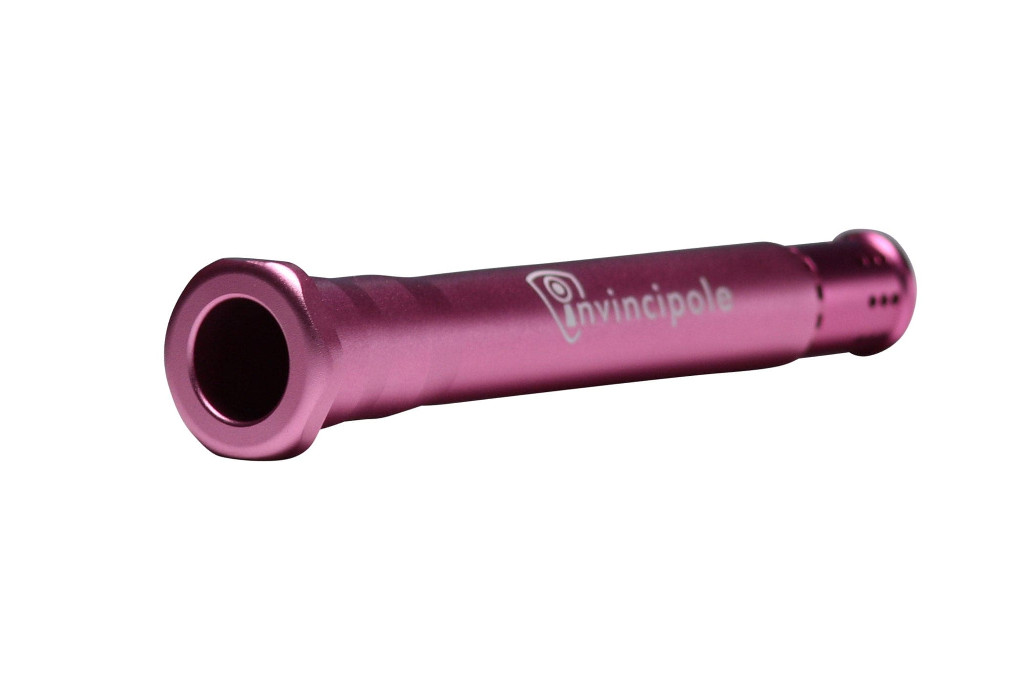 Angled close-up of a metallic pink Invincipole Infinity tube showing its hollow flared end and logo along the shaft