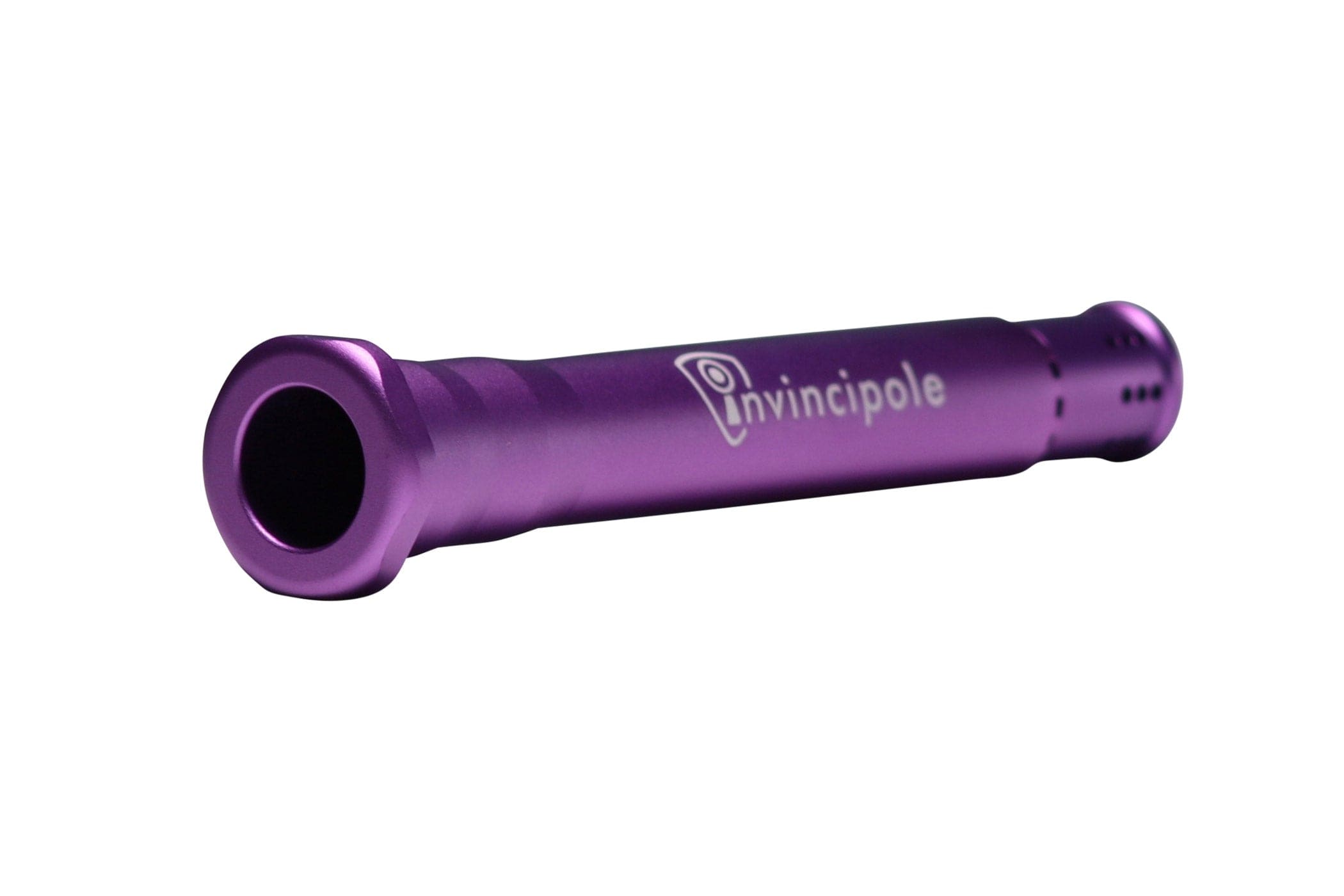 Angled close-up of the metallic purple Invincipole Infinity tube showing its hollow mouthpiece and logo along the length.