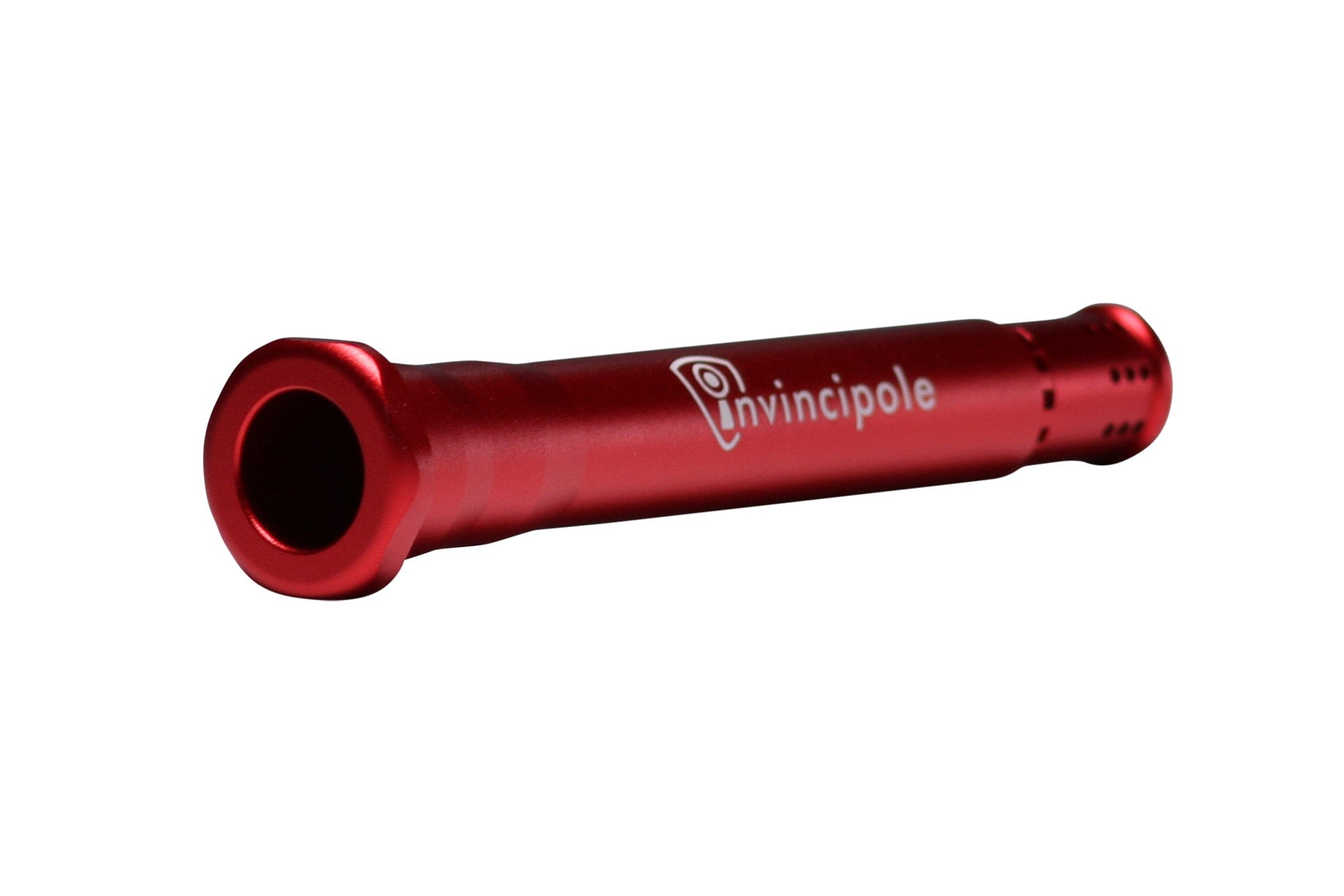 Angled close-up of a metallic red Invincipole Infinity tube with its logo visible against a white background