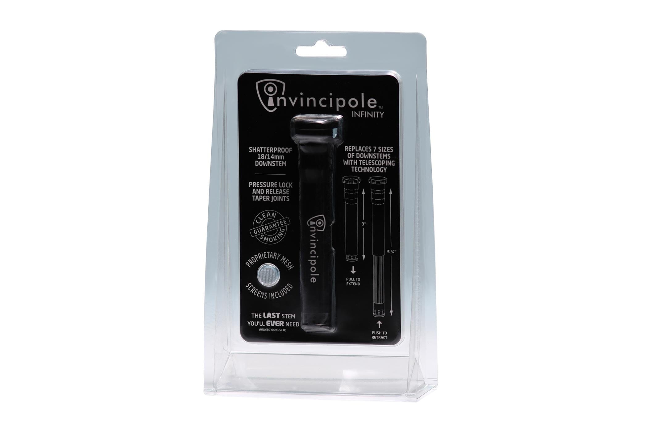 Centered product shot of Invincipole Infinity in its clear blister pack against a white background, showing the black insert and printed instructions.