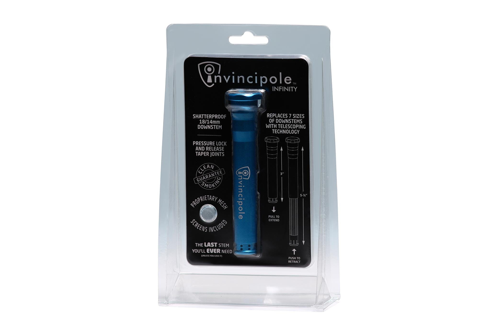Front-facing shot of the packaged Invincipole Infinity showing a blue telescoping stem against black product insert graphics.