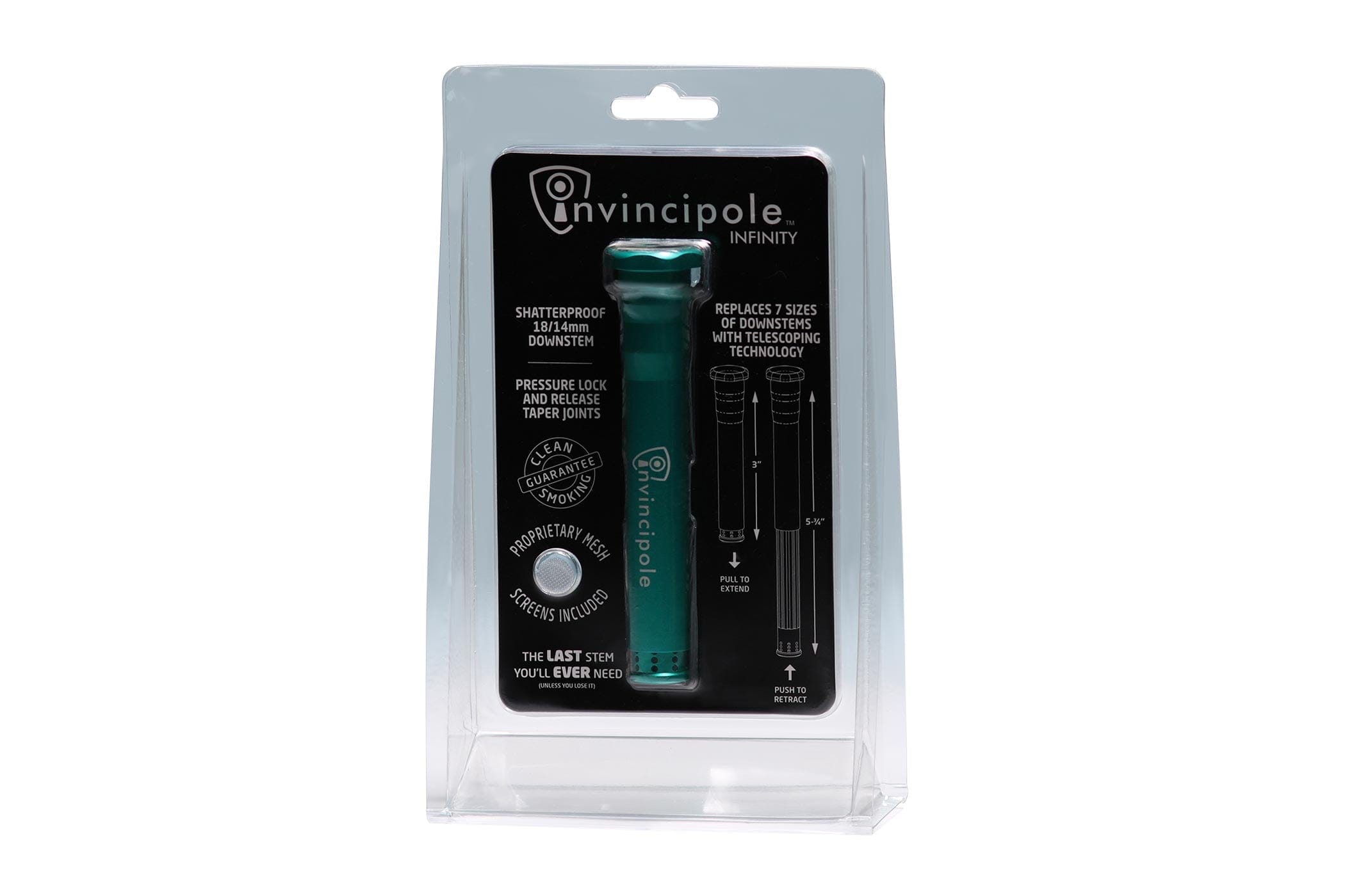Center-frontal shot of the teal Invincipole Infinity stem in clear blister packaging against a white background.