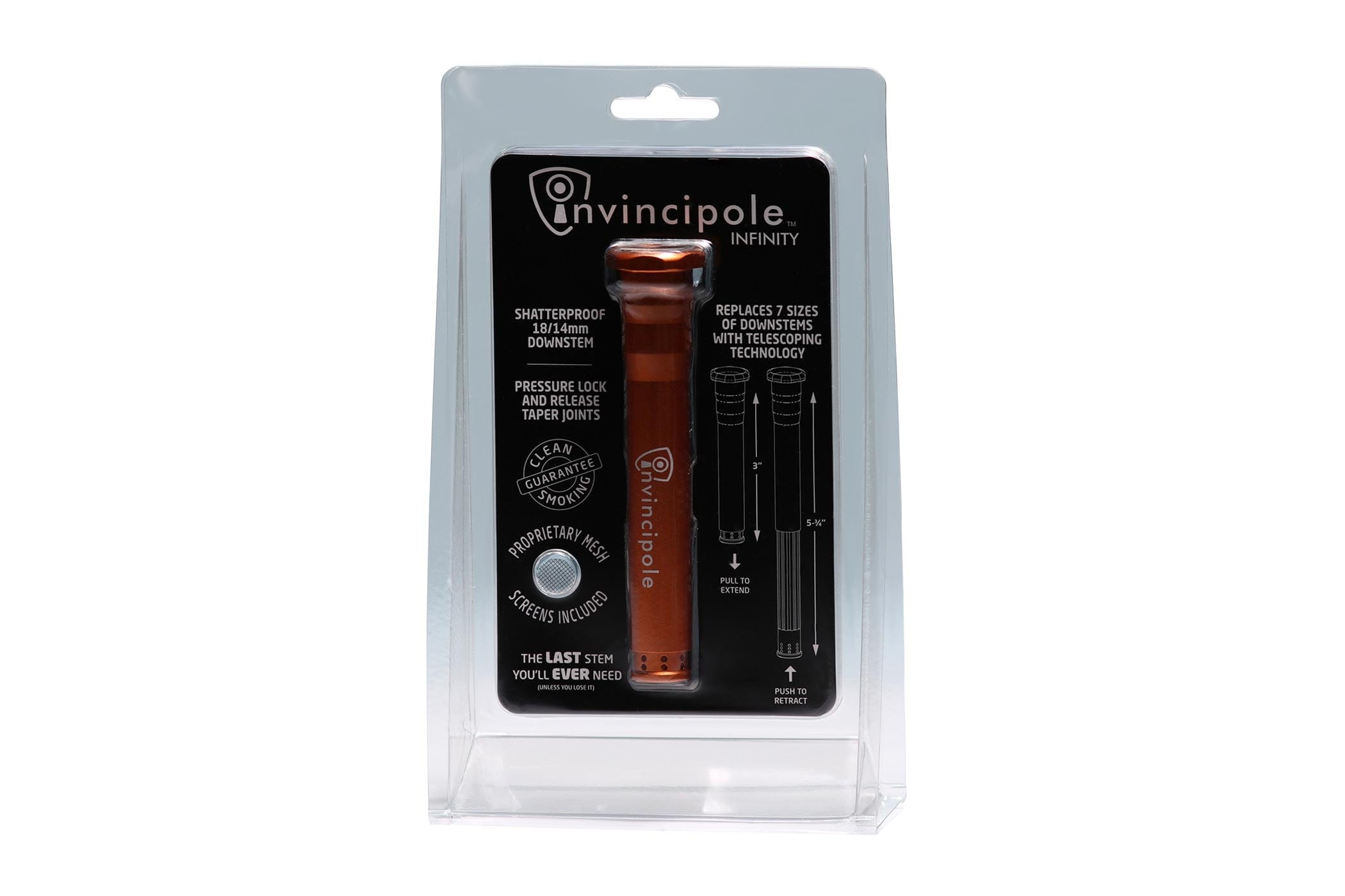 Center-front view of the amber metal Invincipole Infinity telescoping stem in clear blister packaging against a white background