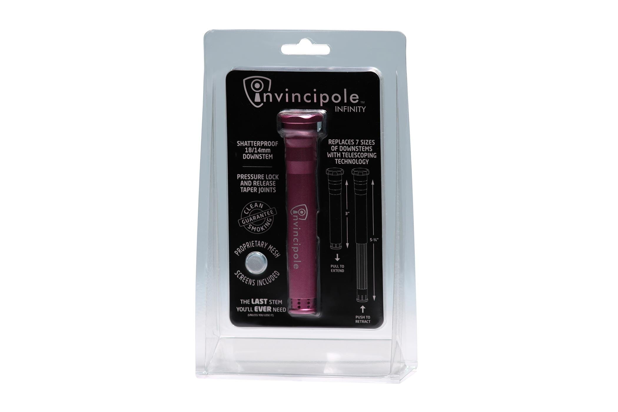 Center-front view of the pink Invincipole Infinity telescoping stem in its clear blister pack against a white background.