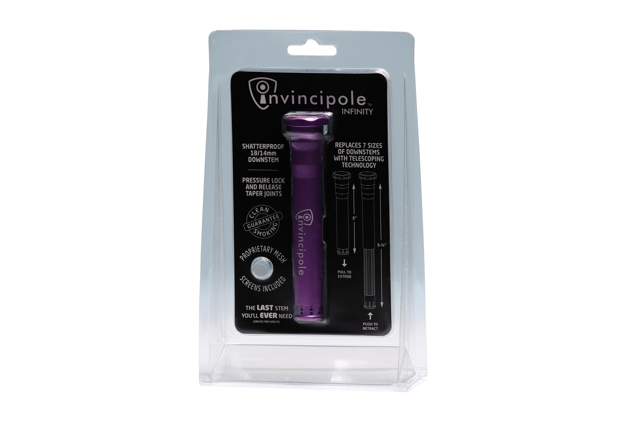 Top-down view of the purple Invincipole Infinity stem visible through its retail clamshell packaging against a white background.