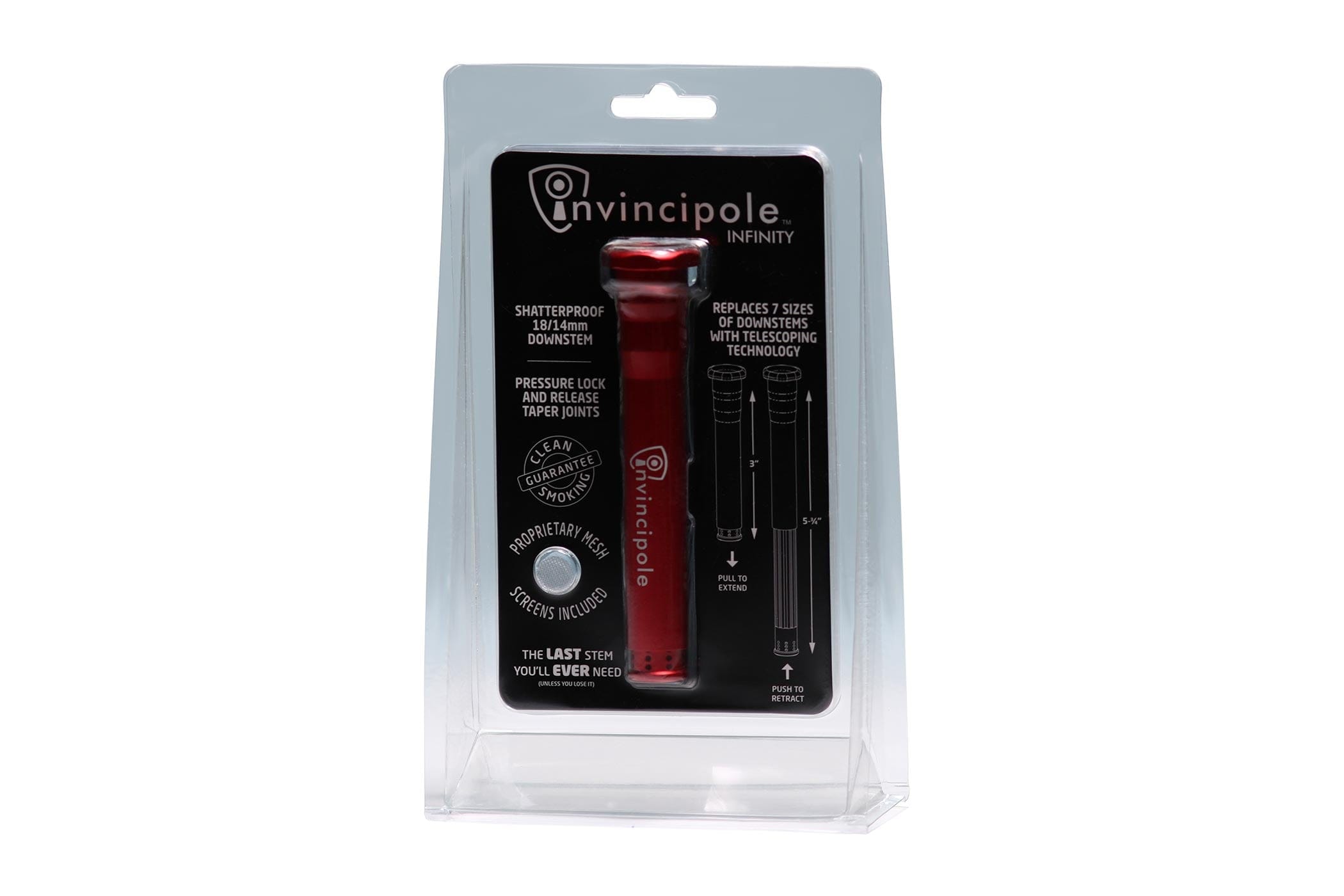 Centered front view of the red Invincipole Infinity telescoping stem in clear blister packaging against a white background.