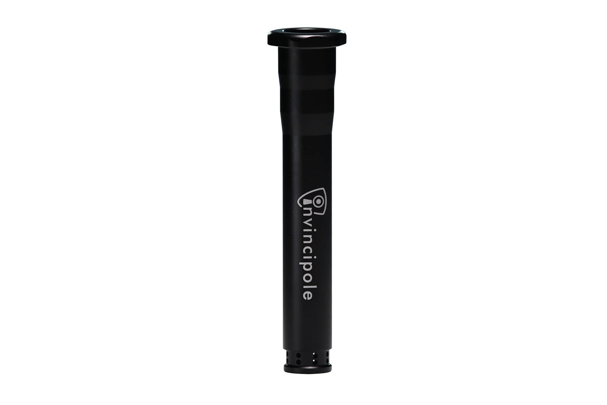 Centered vertical close-up of the black Invincipole Infinity shaft showing its matte finish, logo and flared top against a white background