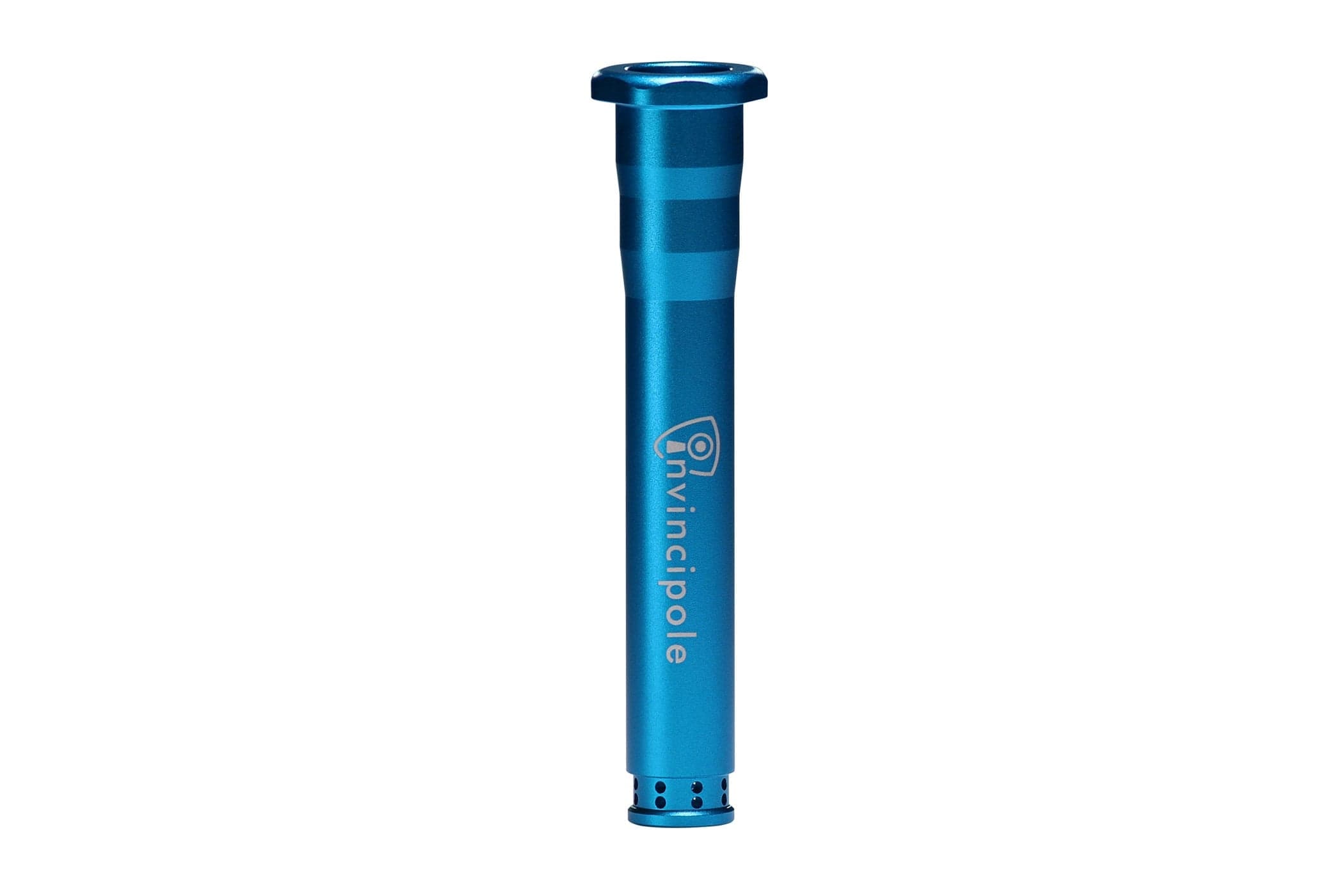 Close-up vertical view of the metallic blue Invincipole Infinity shaft showing its machined grooves and logo on a white background.