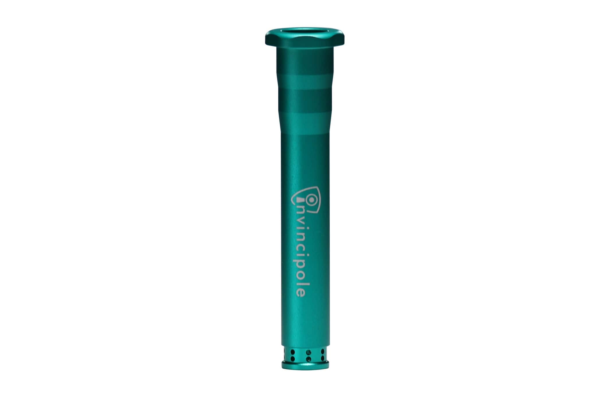 Cropped front view of the teal Invincipole Infinity shaft with its flared top and vented base against a white background