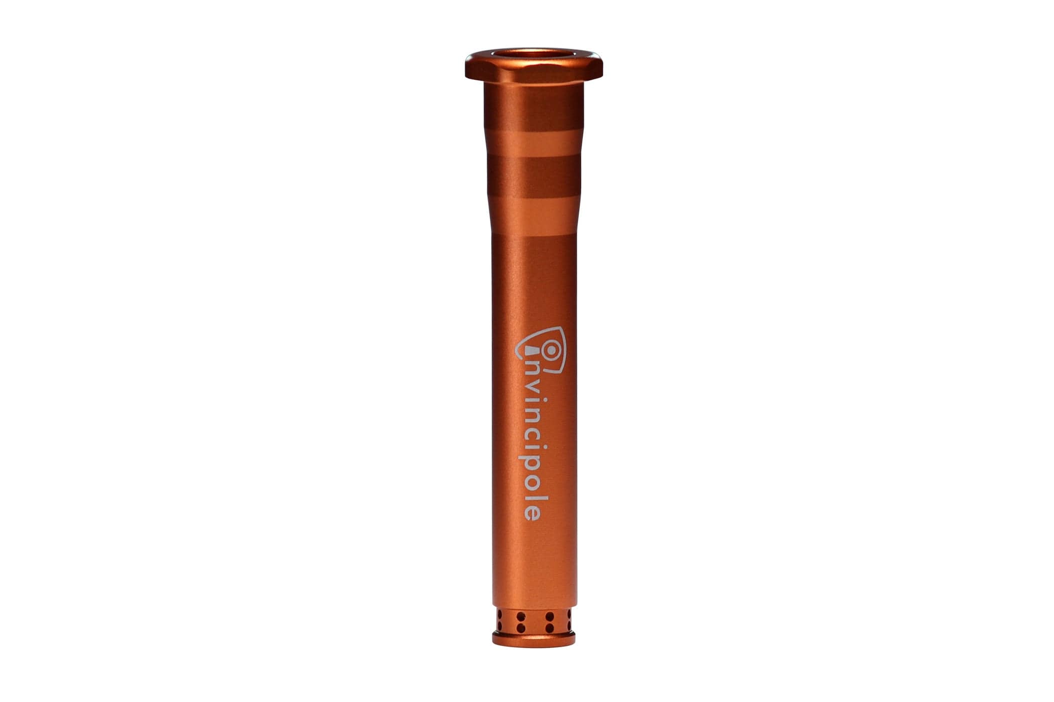 Centered vertical close-up of the orange Invincipole Infinity shaft showing machined grooves and part of the white logo on a white background