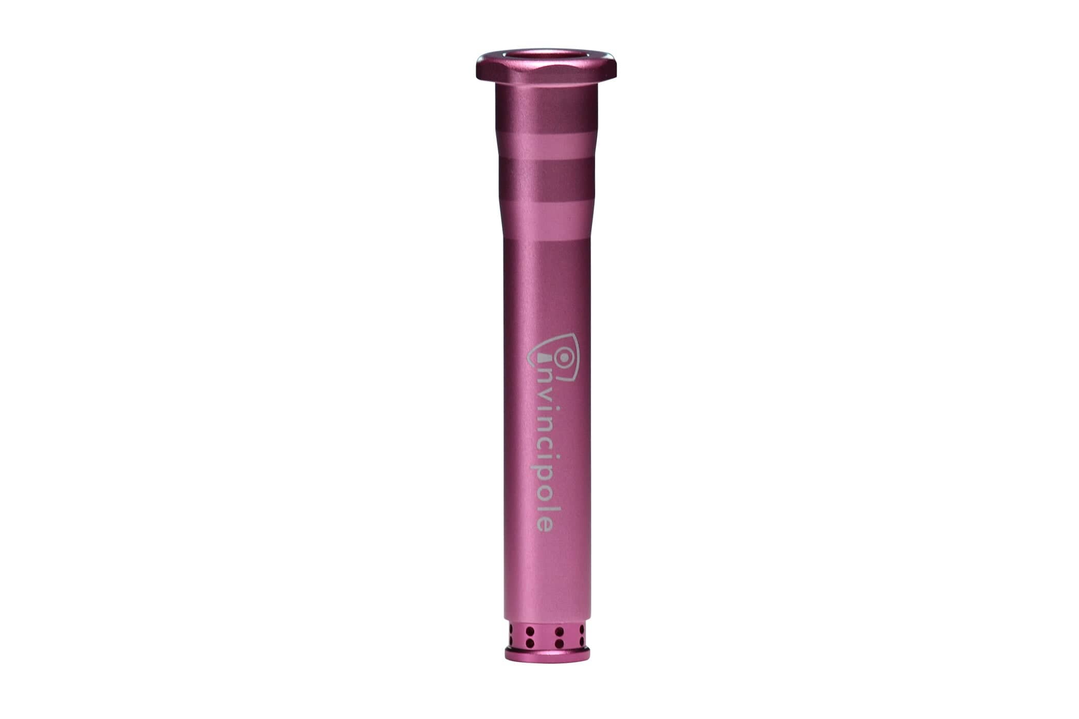 Centered close-up of the metallic pink Invincipole Infinity tube showing its top flange, subtle grooves, and vented end against a white background