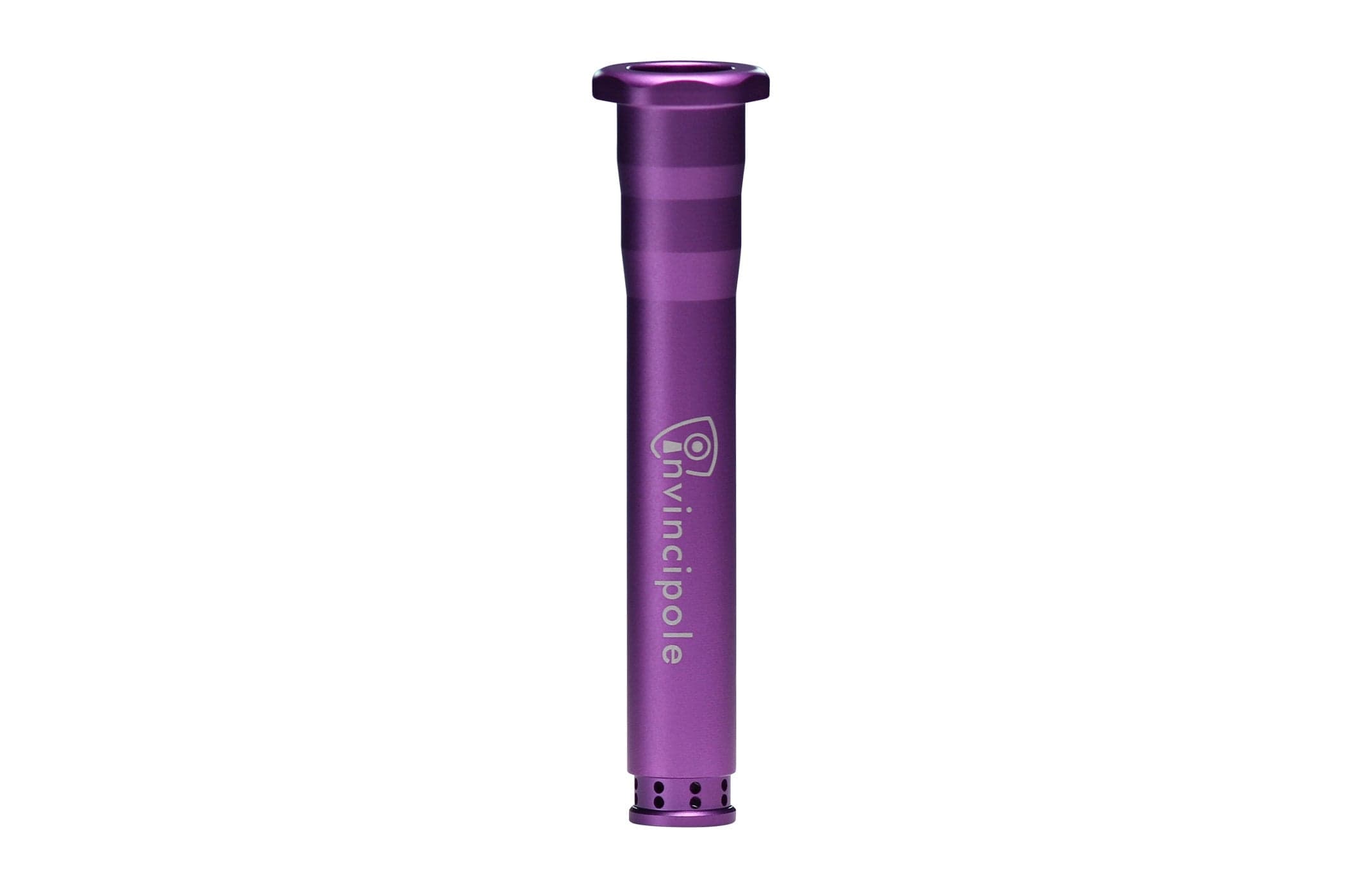 Close-up front view of the purple Invincipole Infinity shaft showing its matte finish, subtle ridges, and perforated metal tip.