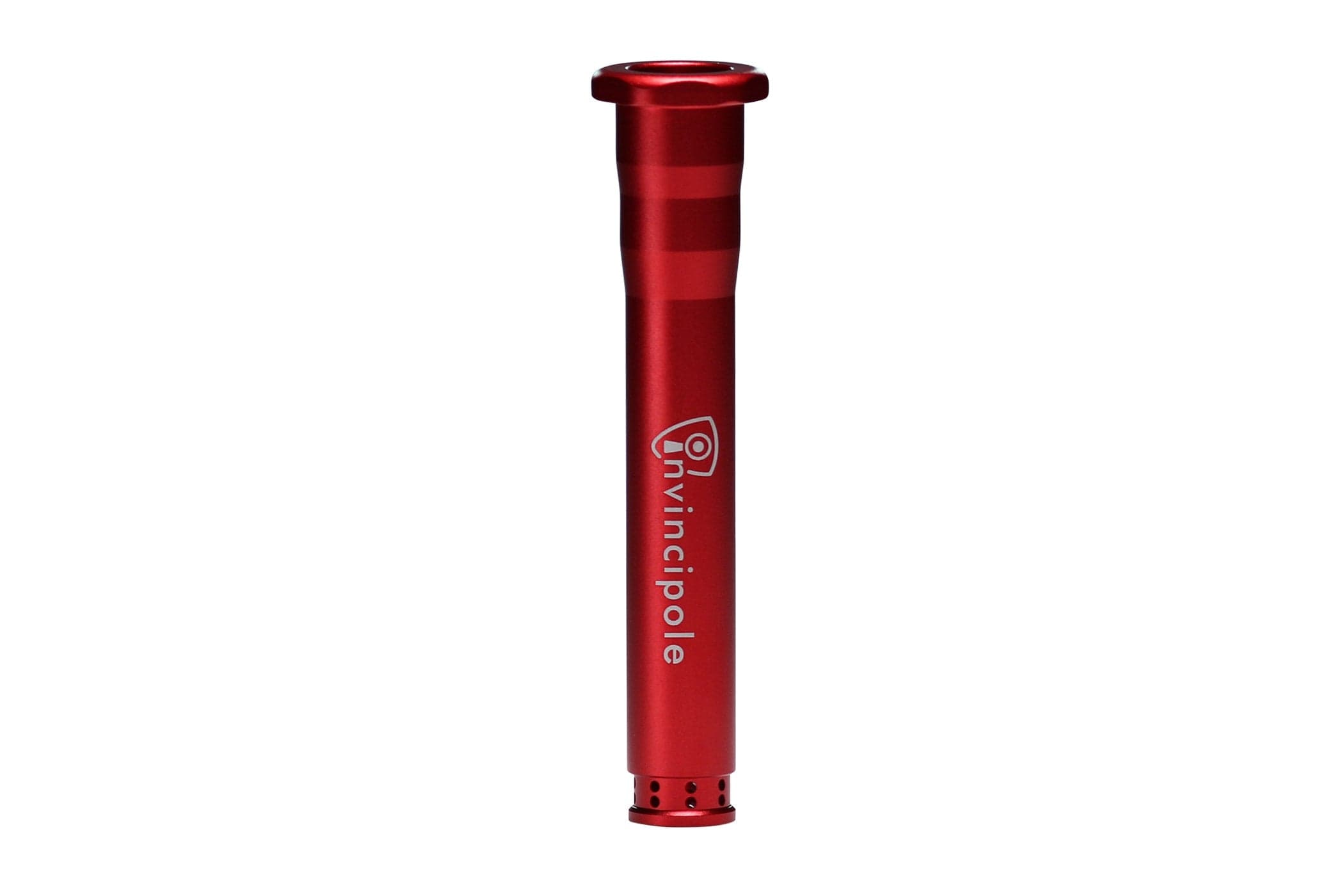 Centered, close-up vertical view of the red Invincipole Infinity tube showing its matte finish and engraved logo on a white background