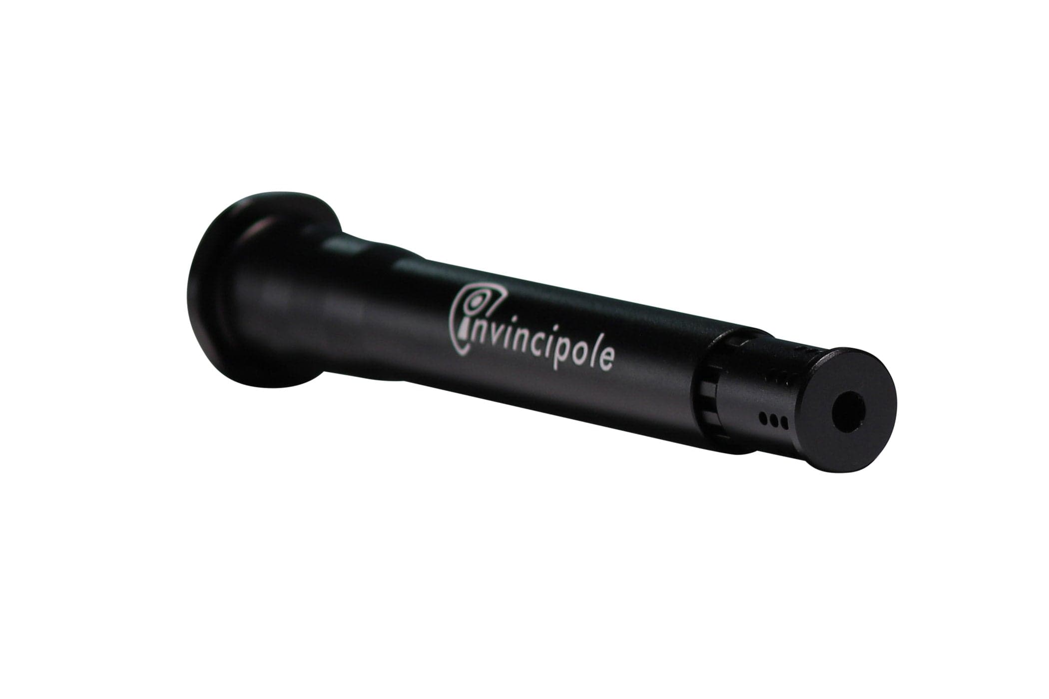 Angled close-up of the black Invincipole Infinity tube showing its logo and rounded end against a white background
