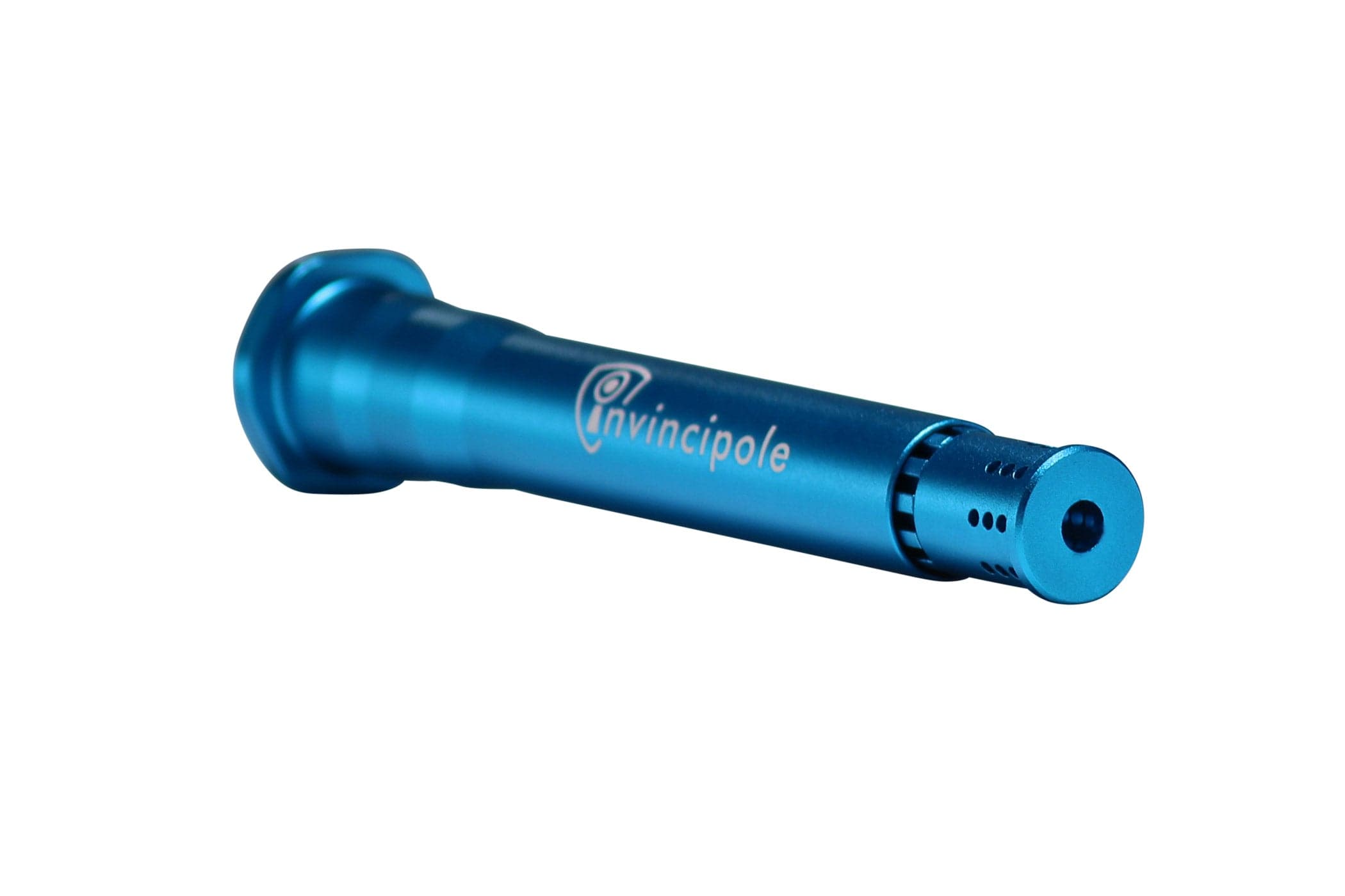Angled close-up of the metallic blue Invincipole Infinity tube showing its engraved logo and vented end against a white background