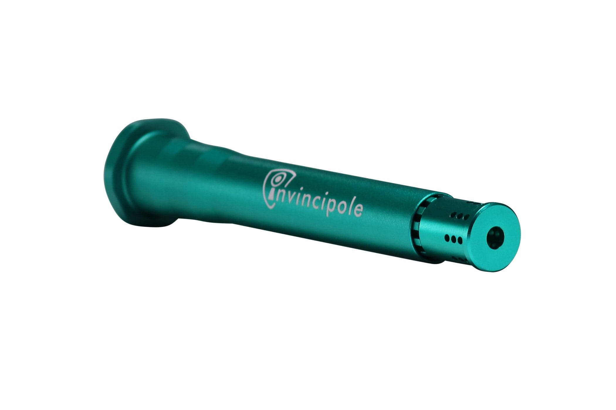 Angled close-up of a teal metal Invincipole Infinity tube showing the logo and perforated end against a white background