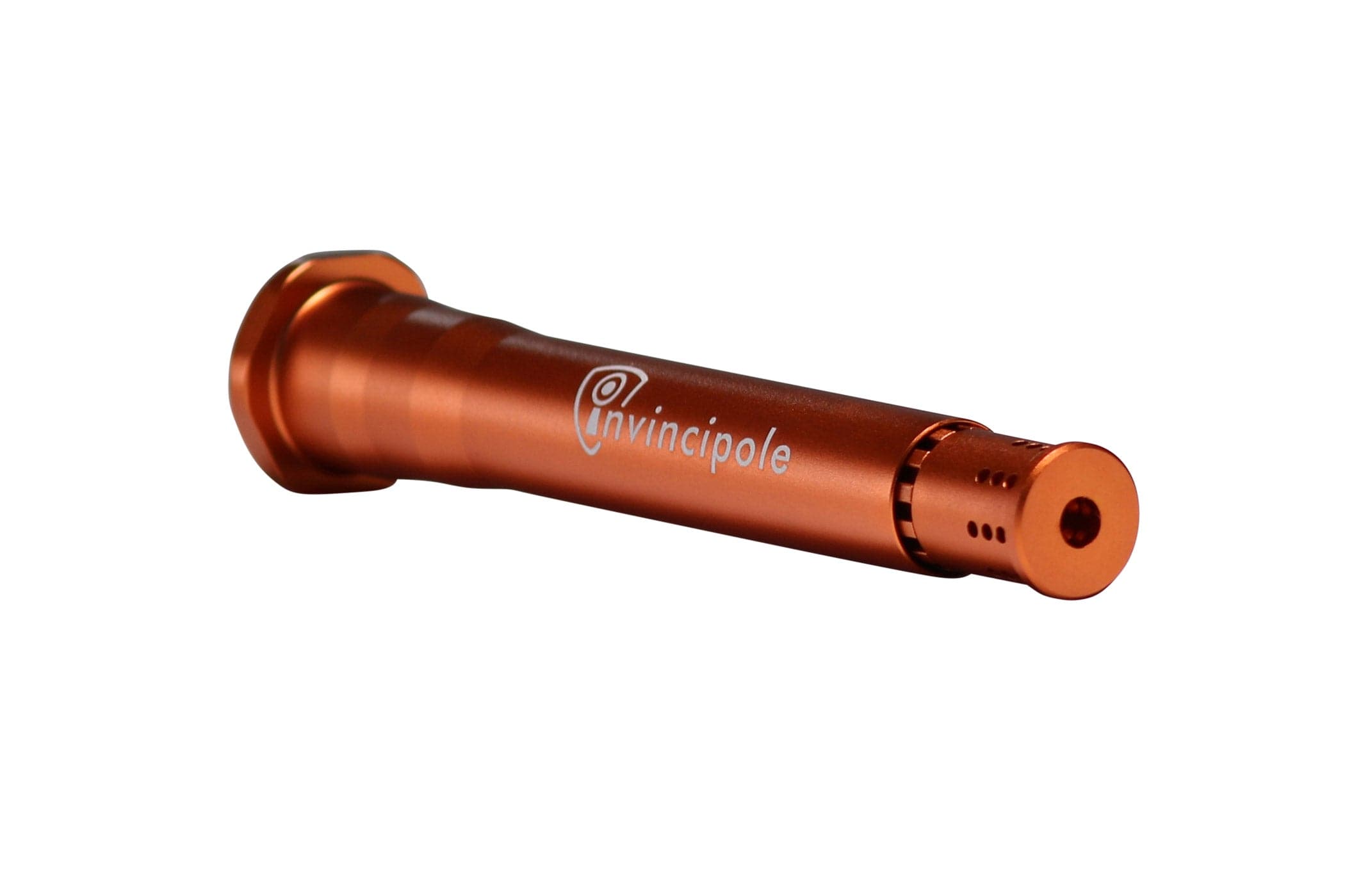 Angled close-up of the orange Invincipole Infinity tube showing its matte metallic finish and stamped logo.
