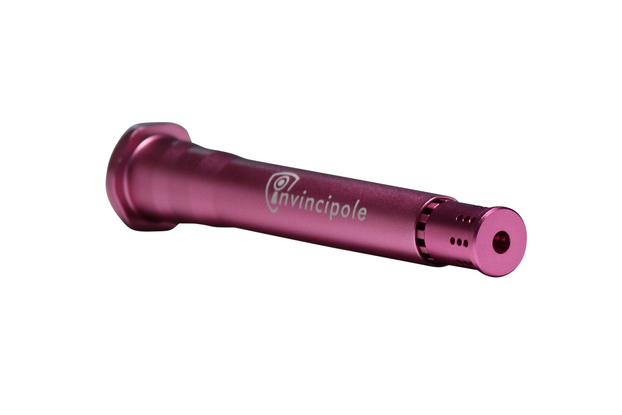 Angled close-up of the metallic pink Invincipole Infinity lying on a white background, showing its engraved logo and end cap.
