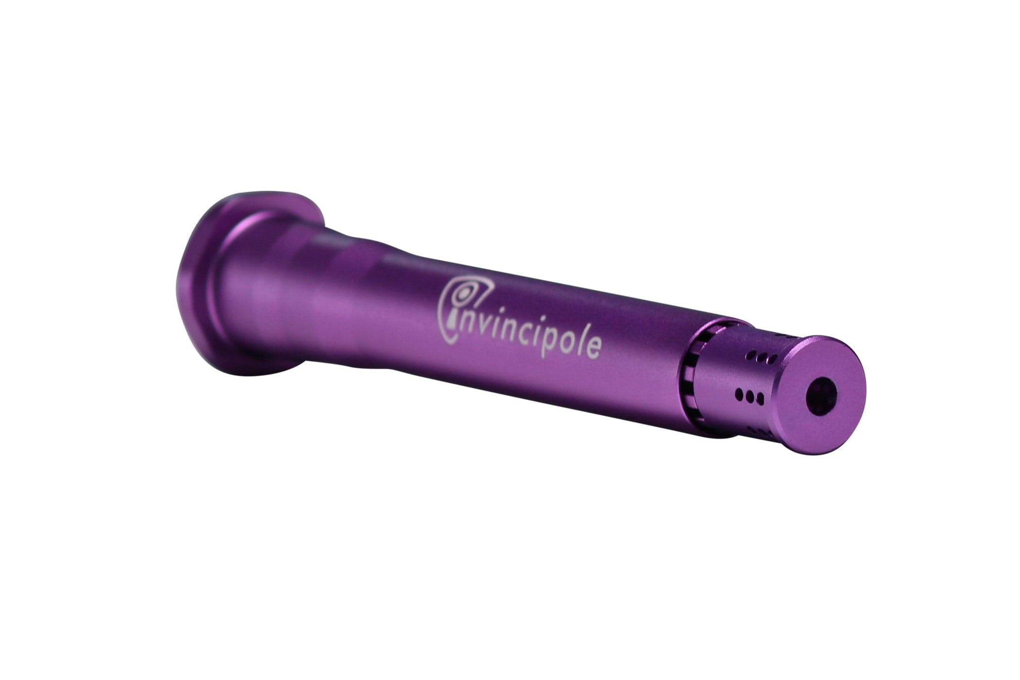 Angled close-up of a metallic purple Invincipole Infinity tube showing the logo and perforated end against a white background
