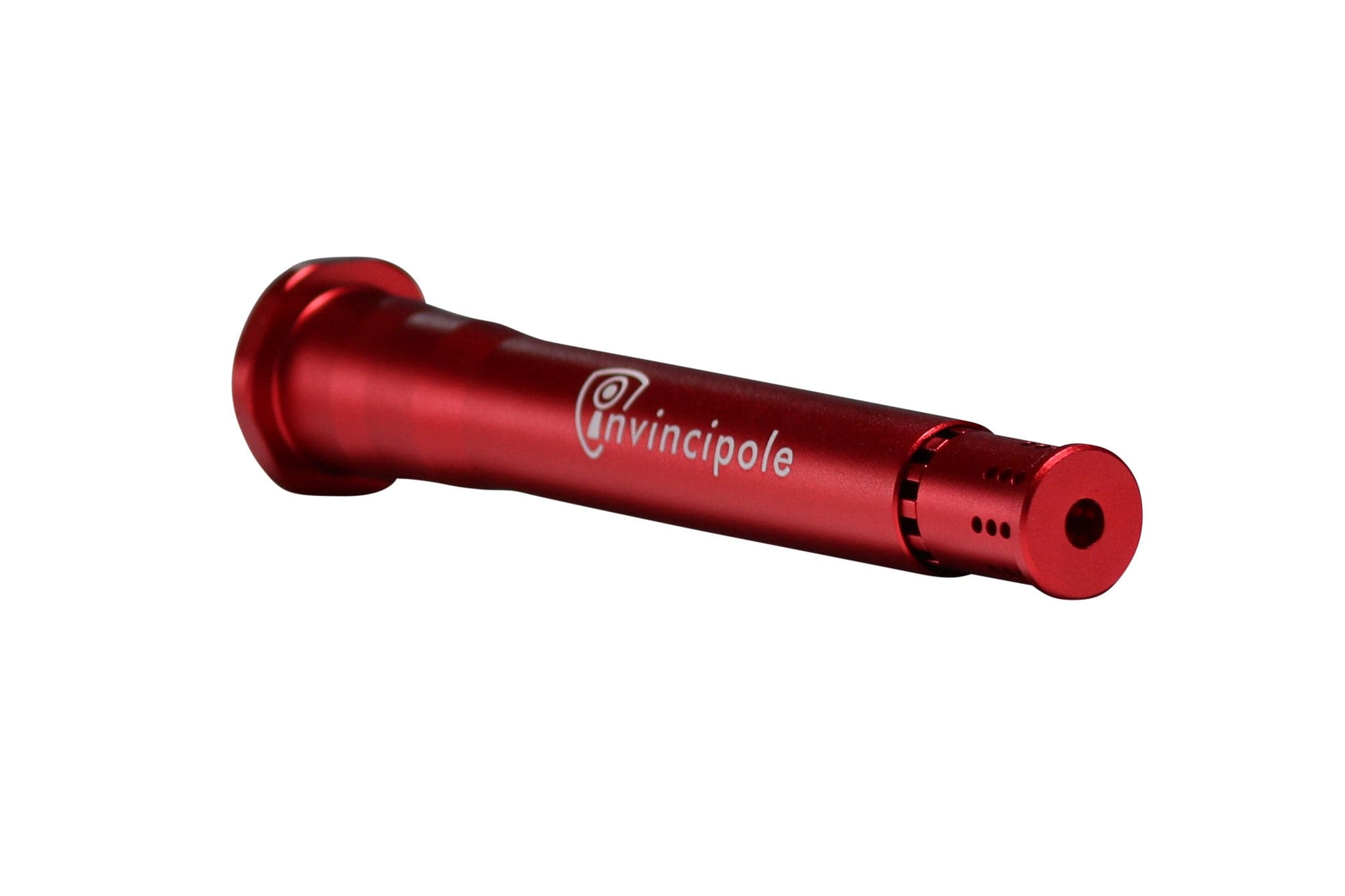 Angled close-up of a metallic red Invincipole Infinity tube showing the engraved logo and perforated end against a white background