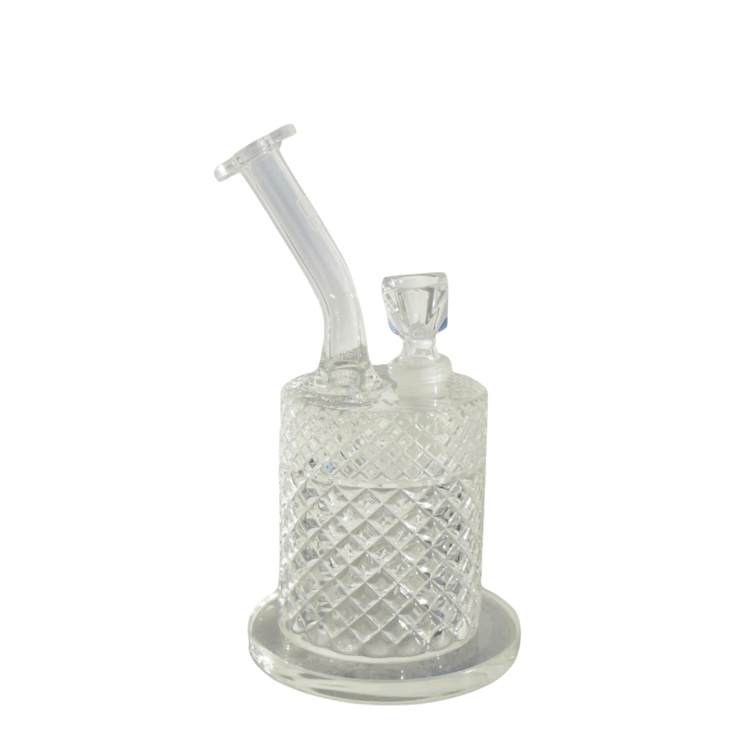 A front view of the Jane West Twenties Collection water pipe, featuring a clear glass base and textured body.