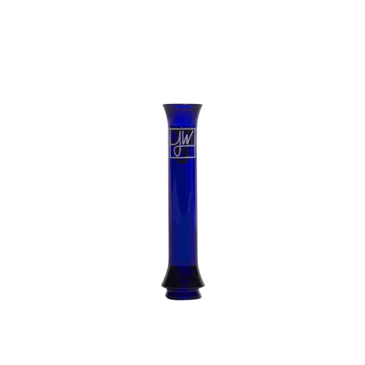 Front view of The Taster By Jane West, a dark blue glass piece with a sleek, tapered silhouette against a plain white background.
