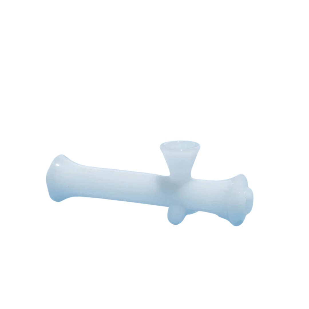 Front view of The Steamroller By Jane West, a clear glass pipe presented against a plain white background.