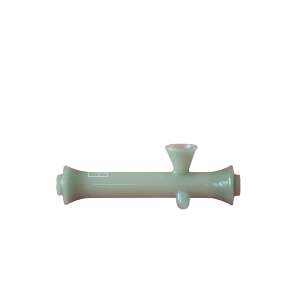 Front view of The Steamroller By Jane West, a green glass pipe with a simple, cylindrical shape.