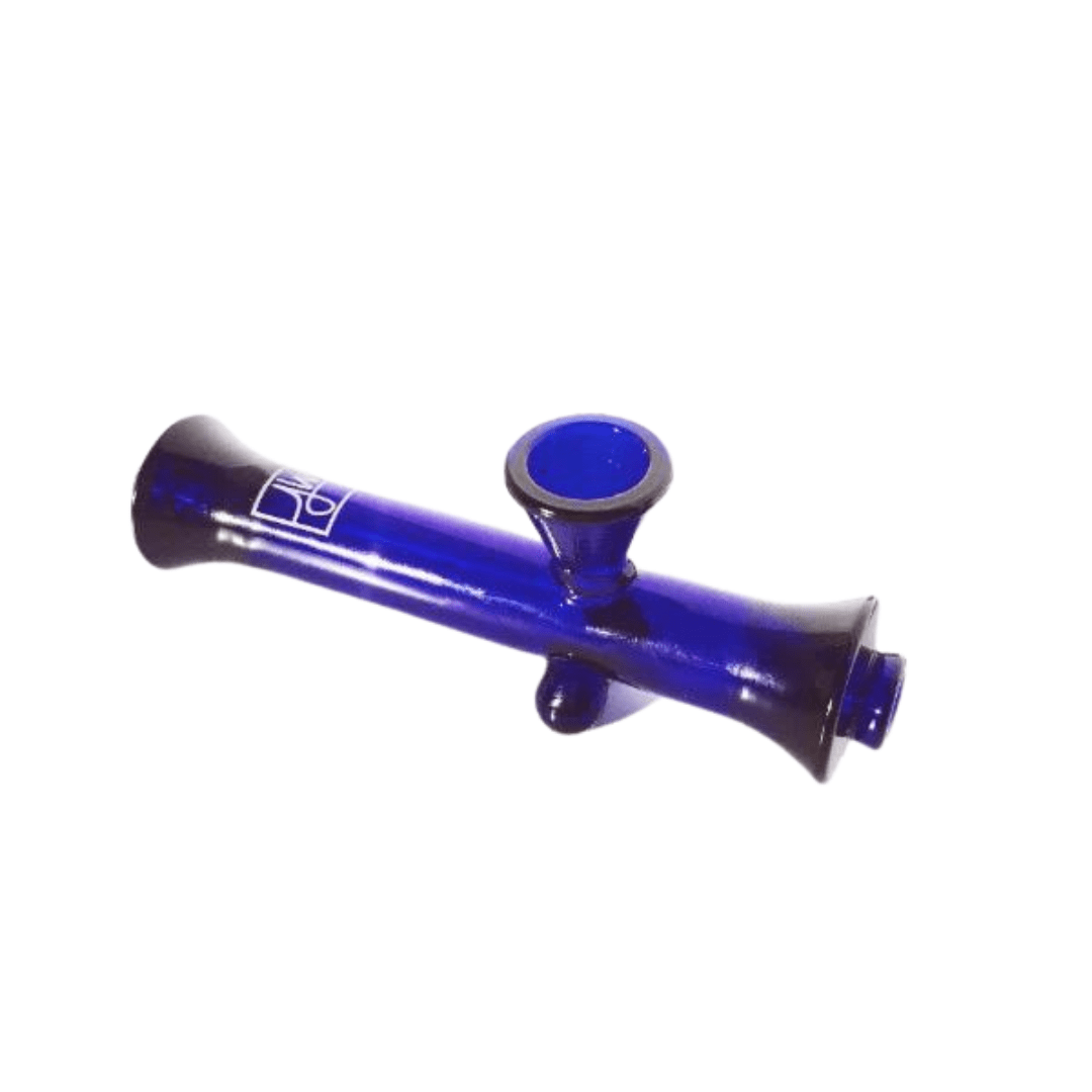A side view of The Steamroller By Jane West, a clear glass pipe with a cylindrical shape and rounded mouthpiece.