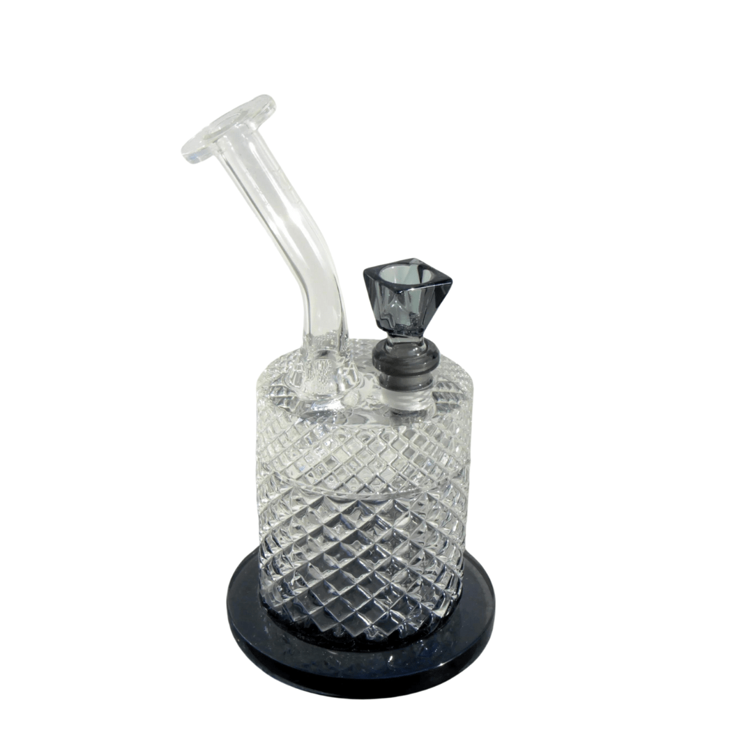 A front view of the Jane West Twenties Collection Water Pipe, featuring a textured glass body on a dark surface.