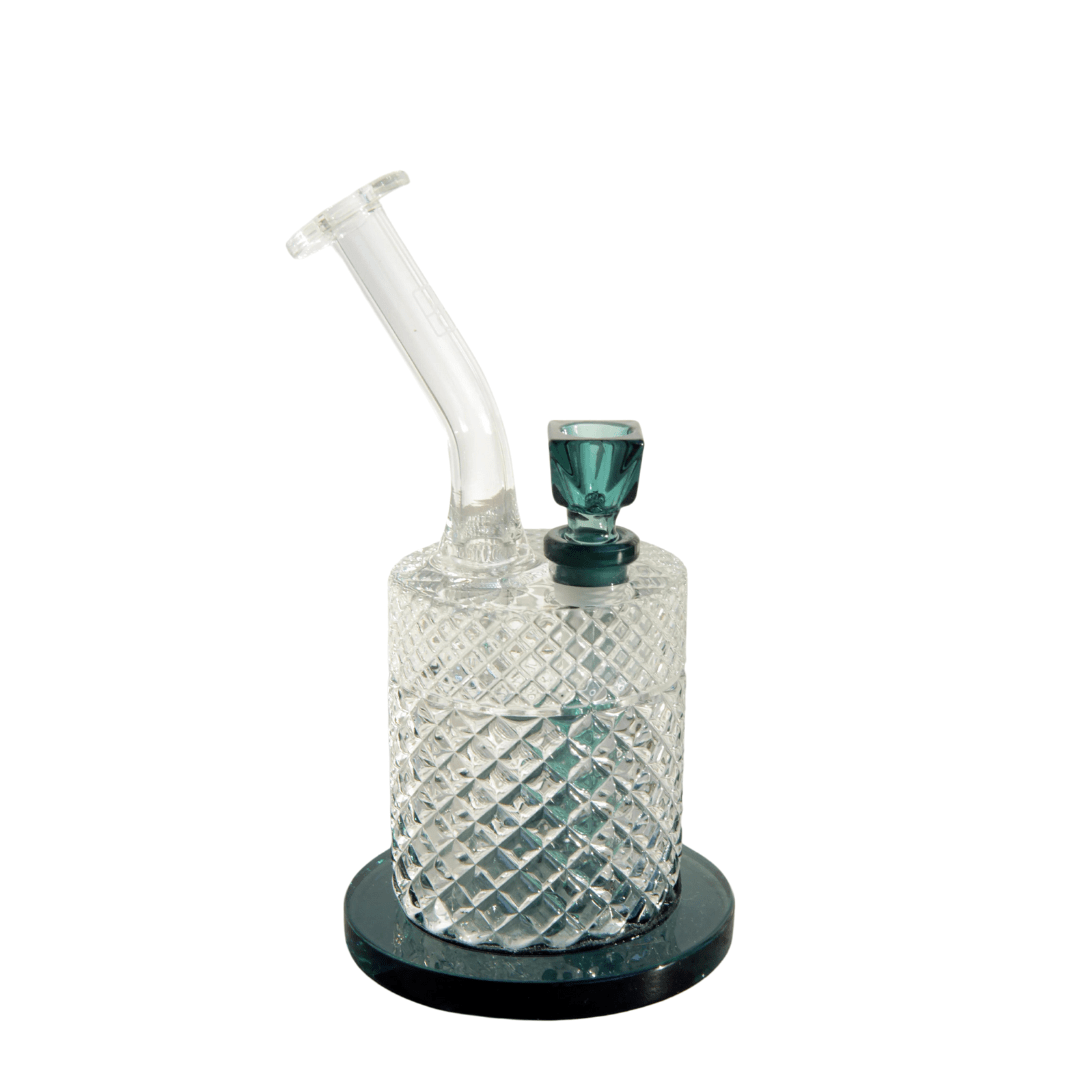 Front view of the Jane West Twenties Collection Water Pipe, featuring a textured glass base and clear stem on a dark surface.