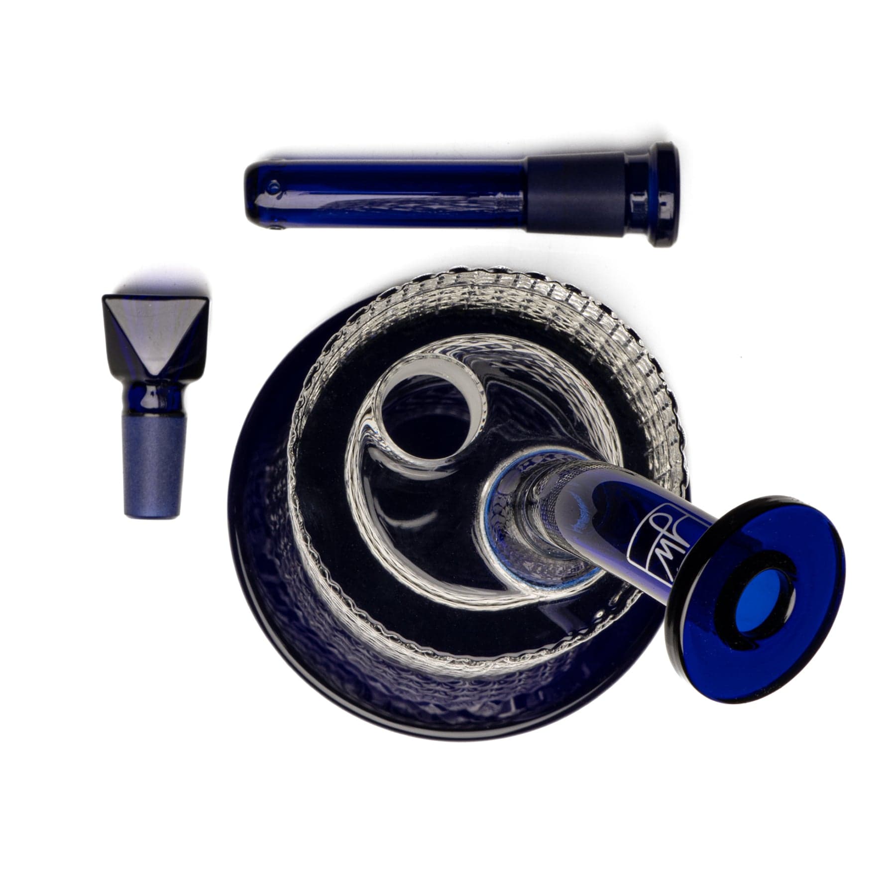 Top-down close-up of the cobalt Twenties Collection Bong | Cobalt showing the mouthpiece, bowl, and textured glass base.