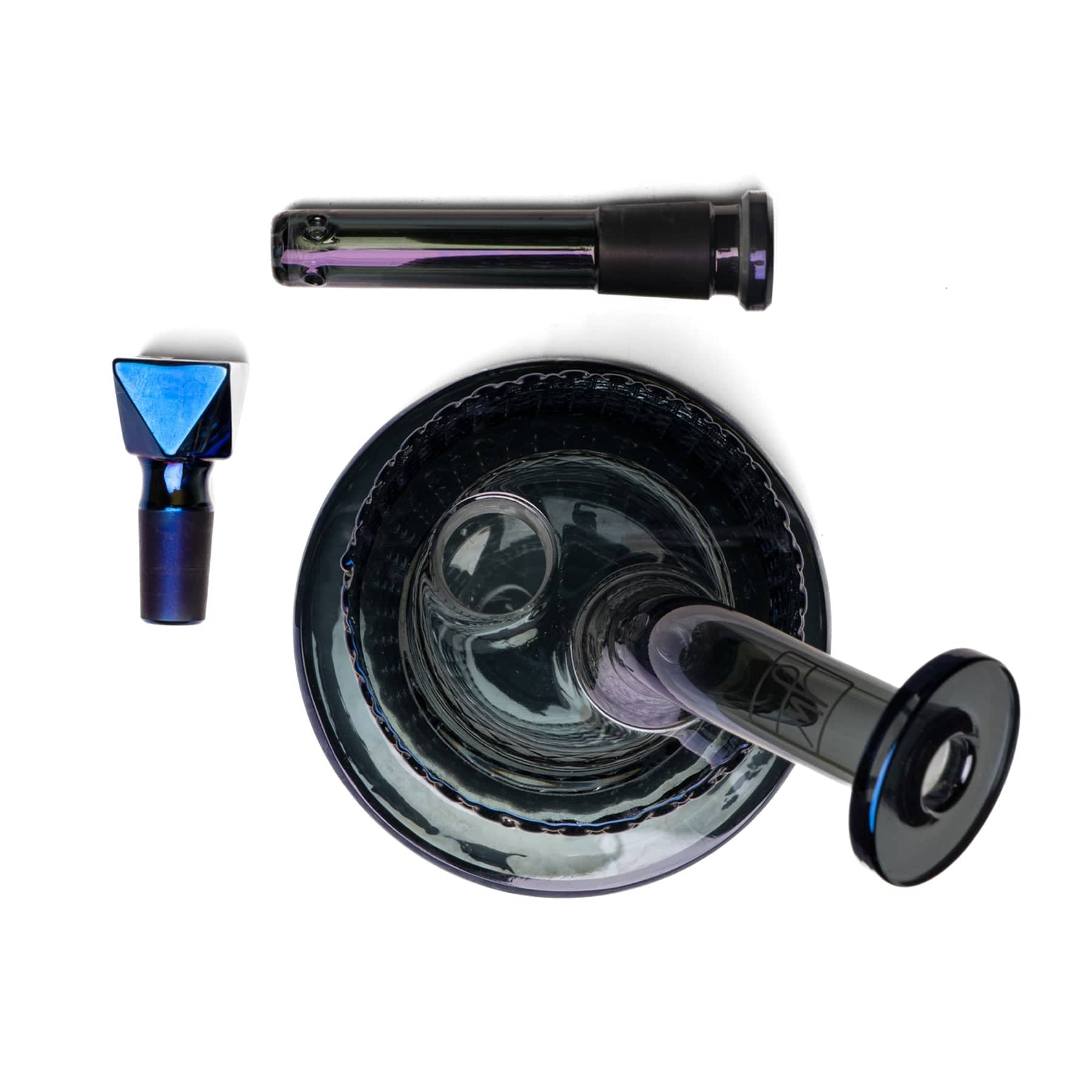 Top-down close-up of the iridescent Twenties Collection Bong | Midnight showing the mouthpiece, bowl and rounded base on a white background.