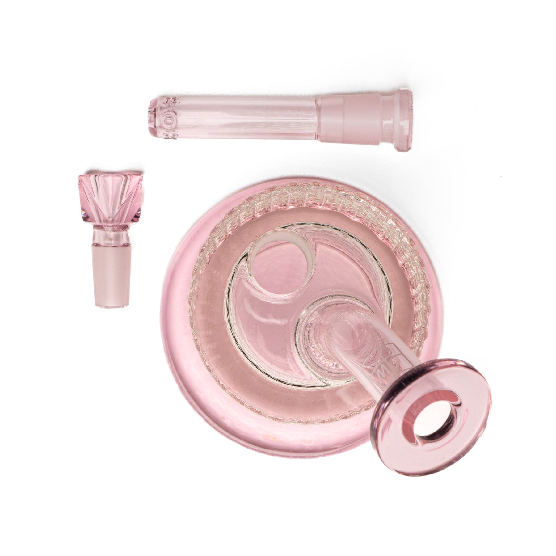 Top-down close-up of the pink Twenties Collection Bong | Pink showing the round base, angled neck and separate mouthpiece pieces on a white background