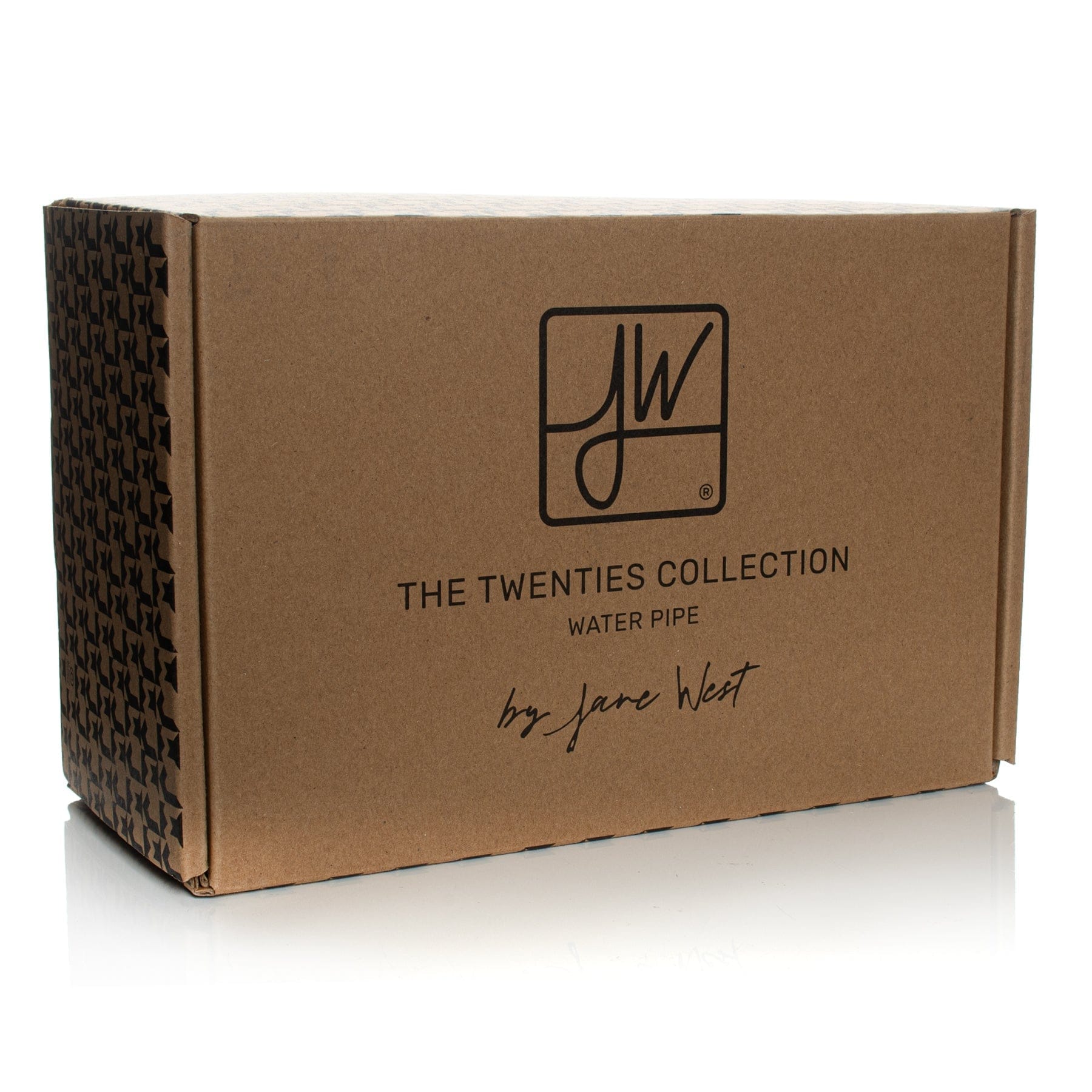 Close-up front-left view of the Twenties Collection Bong | Midnight cardboard box showing its logo and patterned side panel.