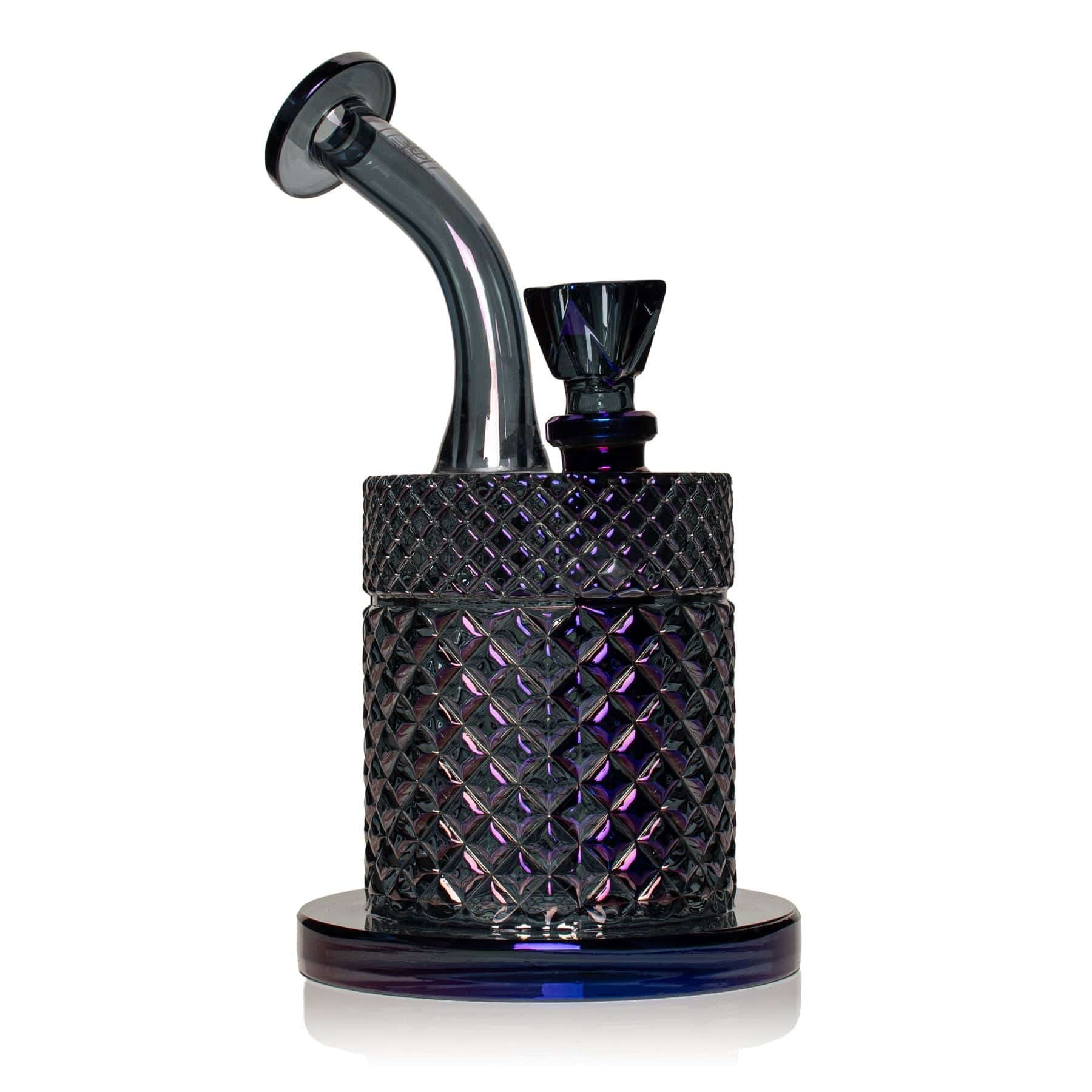 Close-up of the textured, iridescent Twenties Collection Bong | Midnight showing a curved mouthpiece and angled bowl against a white background