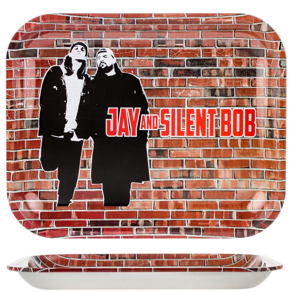 Top-down view of the Jay and Silent Bob Wall Rolling Tray showing black silhouettes of the two men and bold red logo on a brick background.