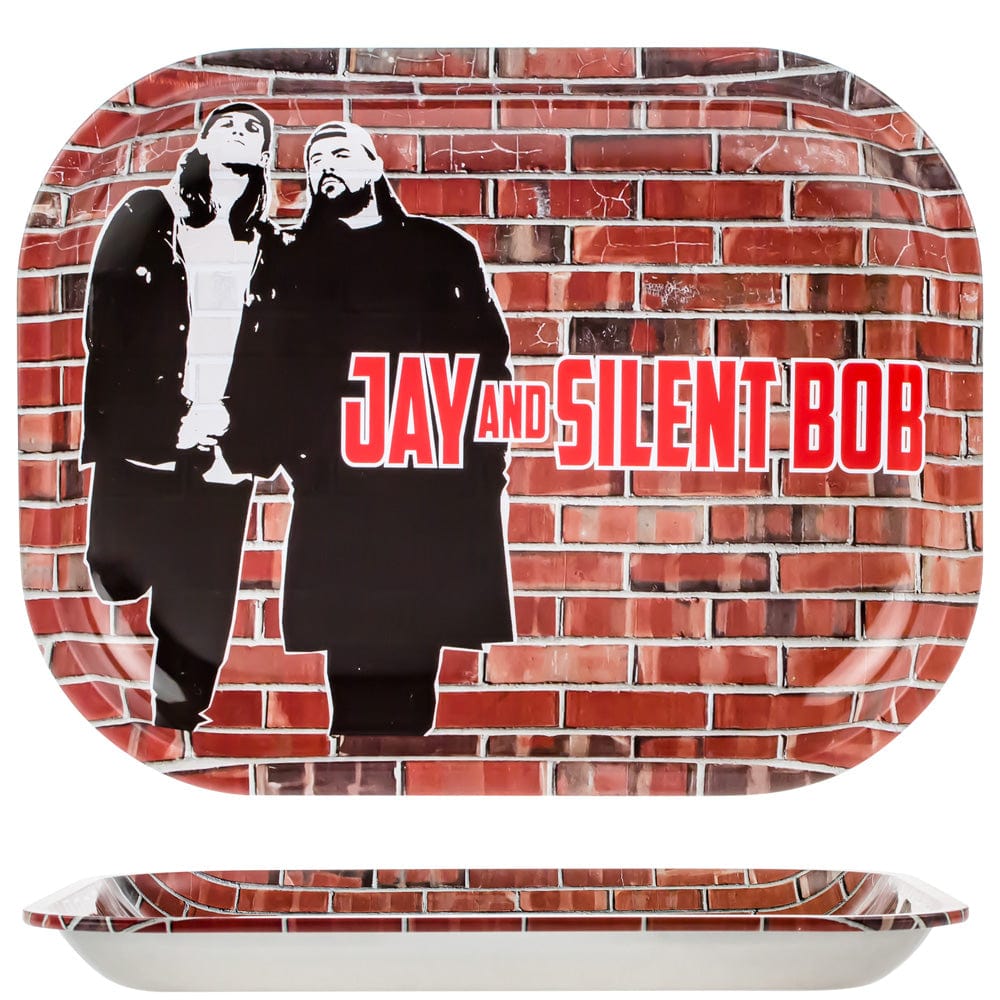 Top-down view of the Jay and Silent Bob Wall Rolling Tray showing black silhouettes of the two characters against a red brick wall background with bold red title text.